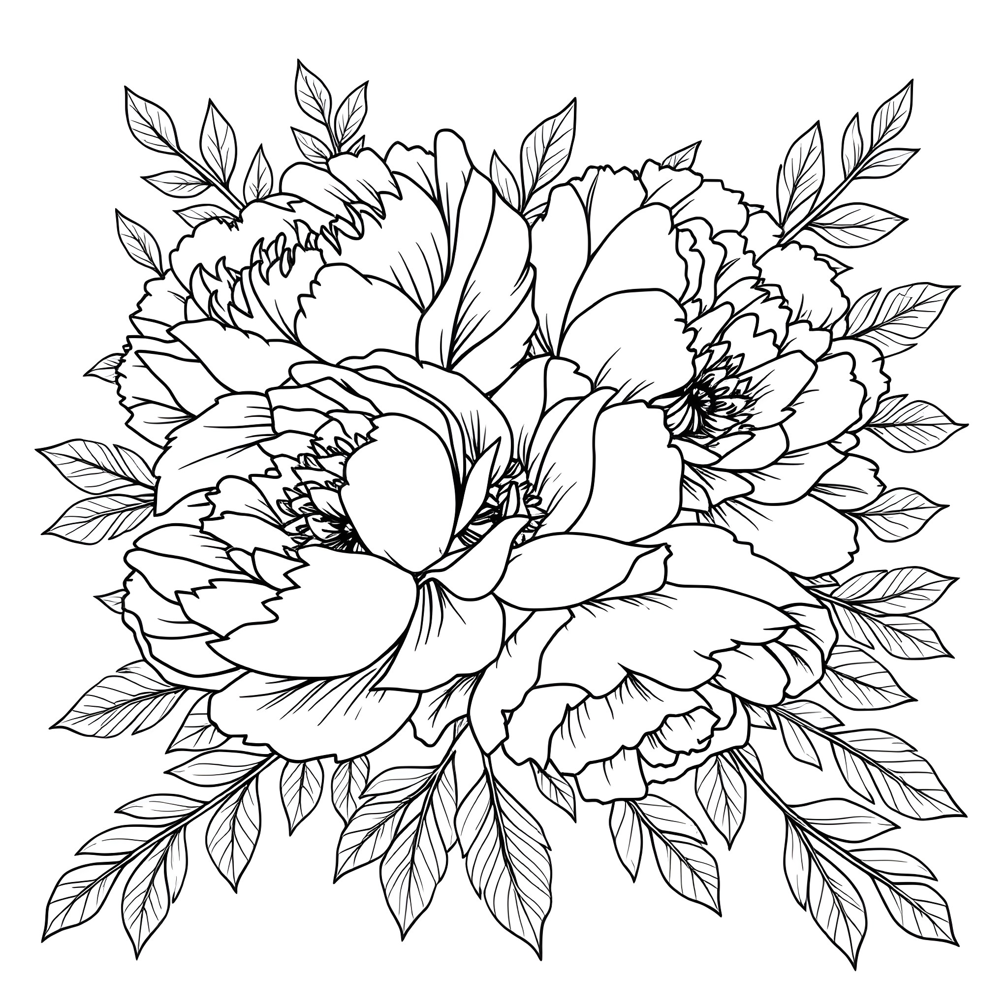 Peony bouquet with lush foliage Coloring Page (free black-and-white line drawing printable PDF for all, from beginners to advanced learners, including children, teens, adults, and seniors)