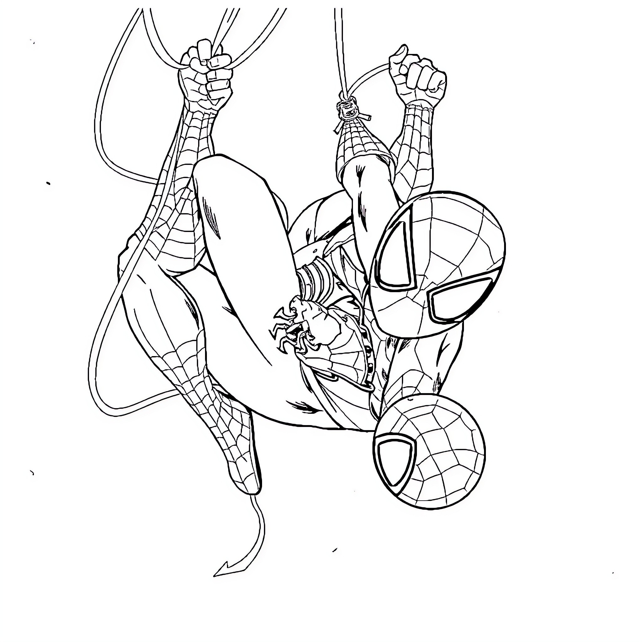 Spider-Man swinging heroically and battling foes Coloring Page (free black-and-white line drawing printable PDF for all, from beginners to advanced learners, including children, teens, adults, and seniors)