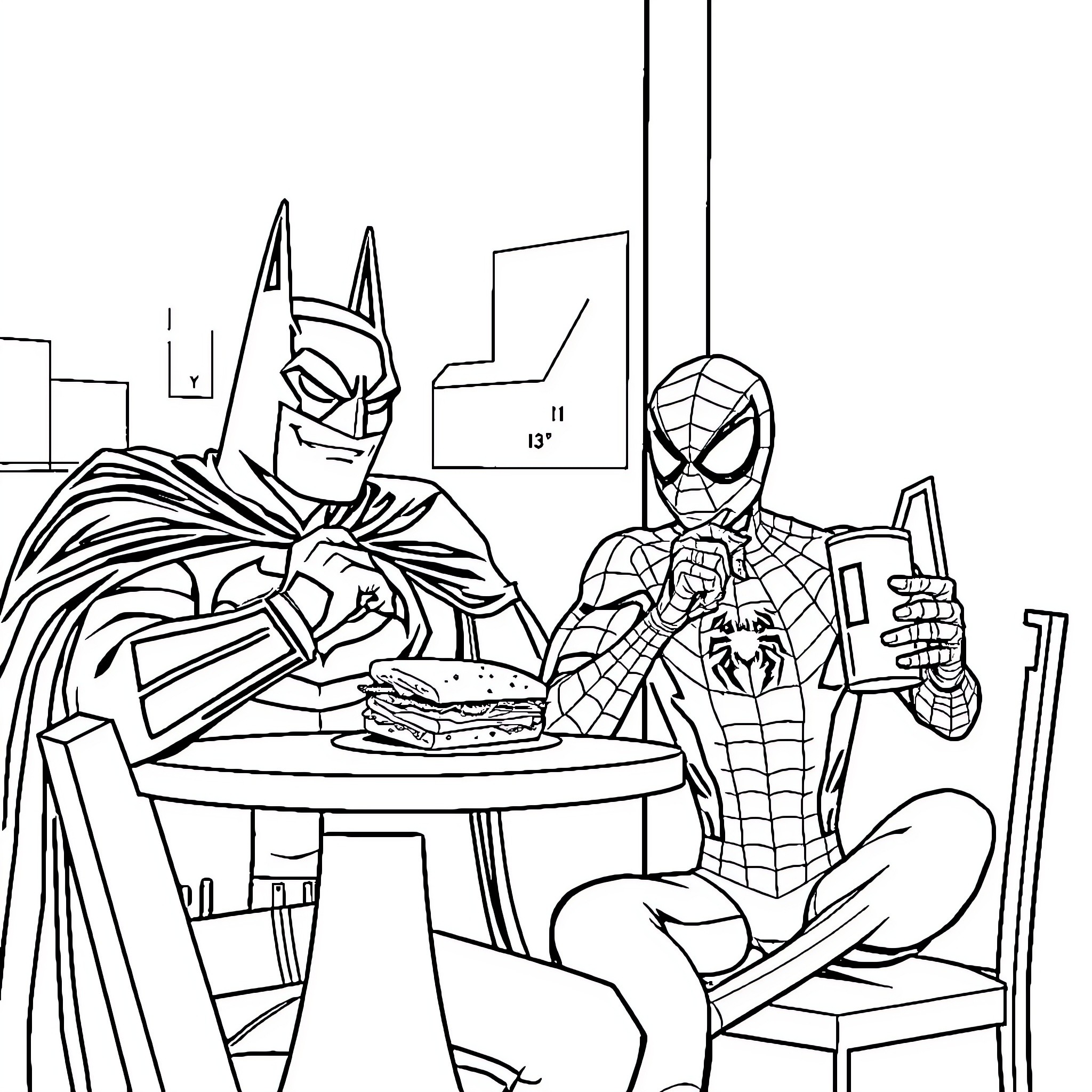 Batman and Spider-Man Enjoying a Casual Moment Coloring Page (free black-and-white line drawing printable PDF for all, from beginners to advanced learners, including children, teens, adults, and seniors)
