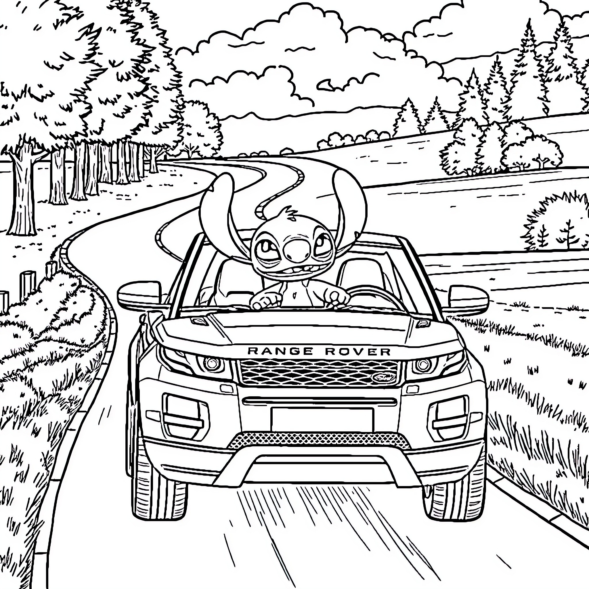 Stitch driving a Range Rover through the wilderness Coloring Page (free black-and-white line drawing printable PDF for all, from beginners to advanced learners, including children, teens, adults, and seniors)