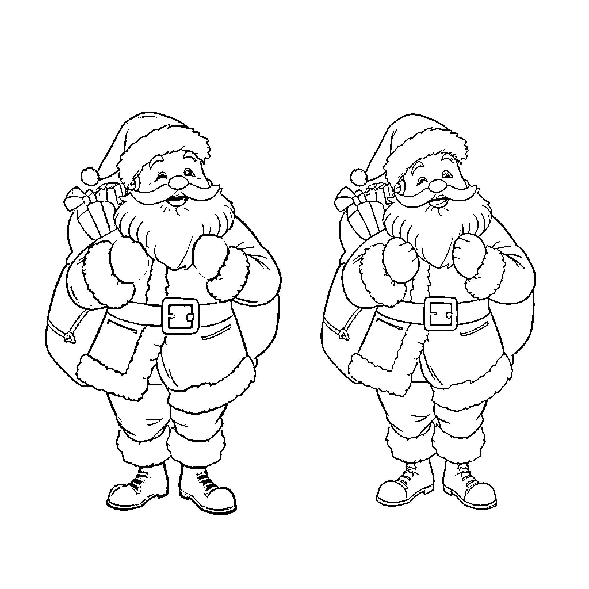 Santa Claus in festive outfit with sack of gifts Coloring Page (free black-and-white line drawing printable PDF for all, from beginners to advanced learners, including children, teens, adults, and seniors)