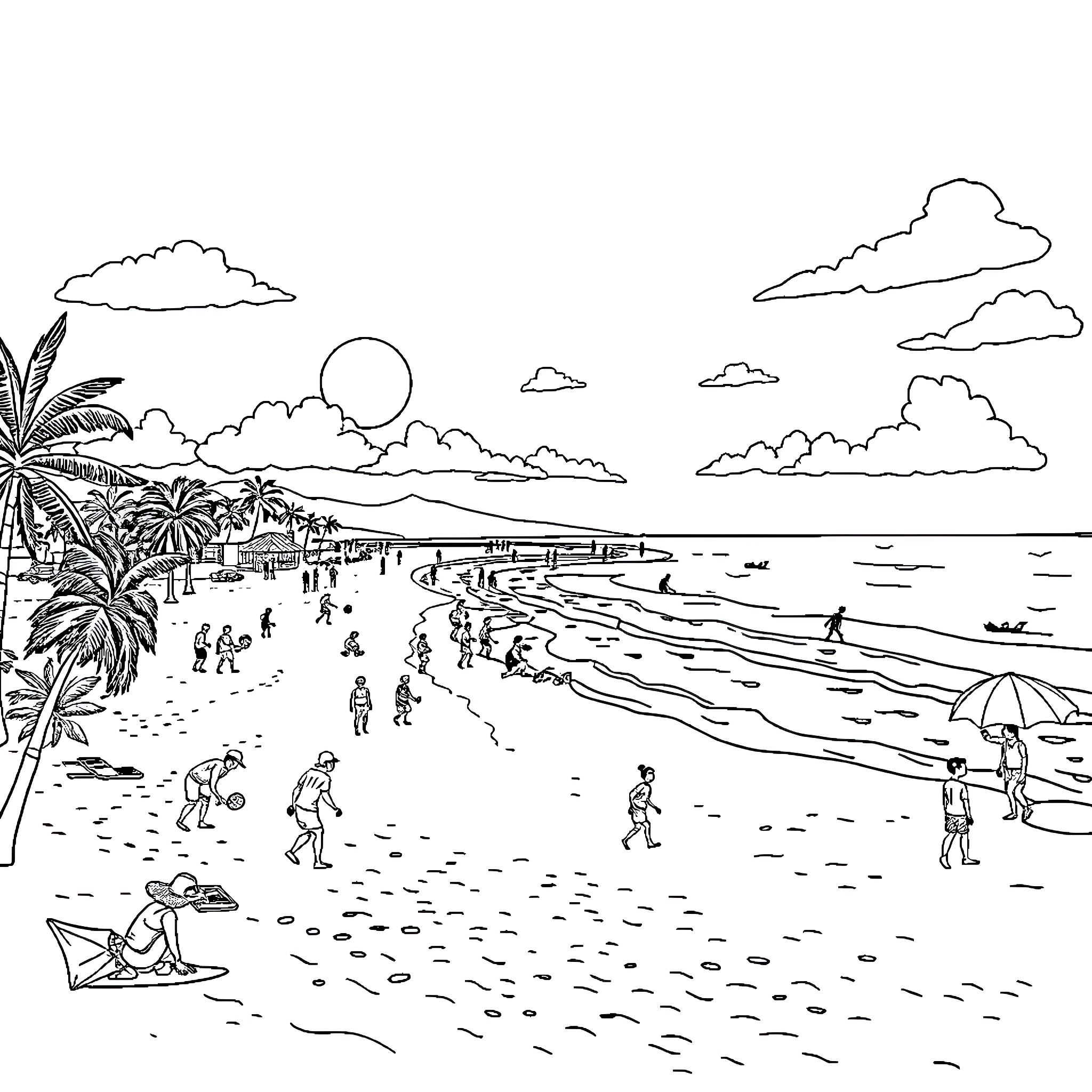 Sport and Beach Activities on a Sunny Day Coloring Page (free black-and-white line drawing printable PDF for all, from beginners to advanced learners, including children, teens, adults, and seniors)