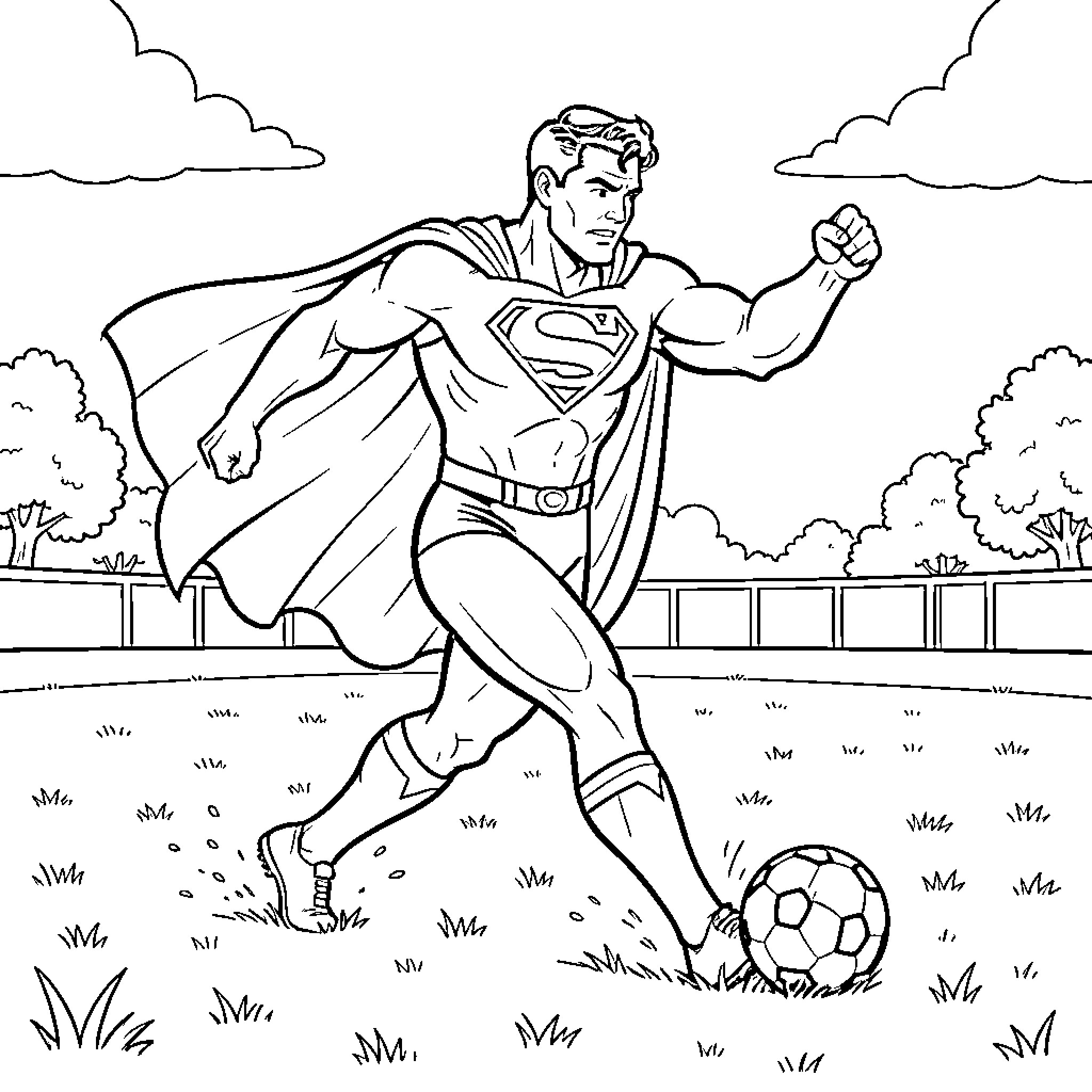 Superman kicking a soccer ball in a field Coloring Page (free black-and-white line drawing printable PDF for all, from beginners to advanced learners, including children, teens, adults, and seniors)
