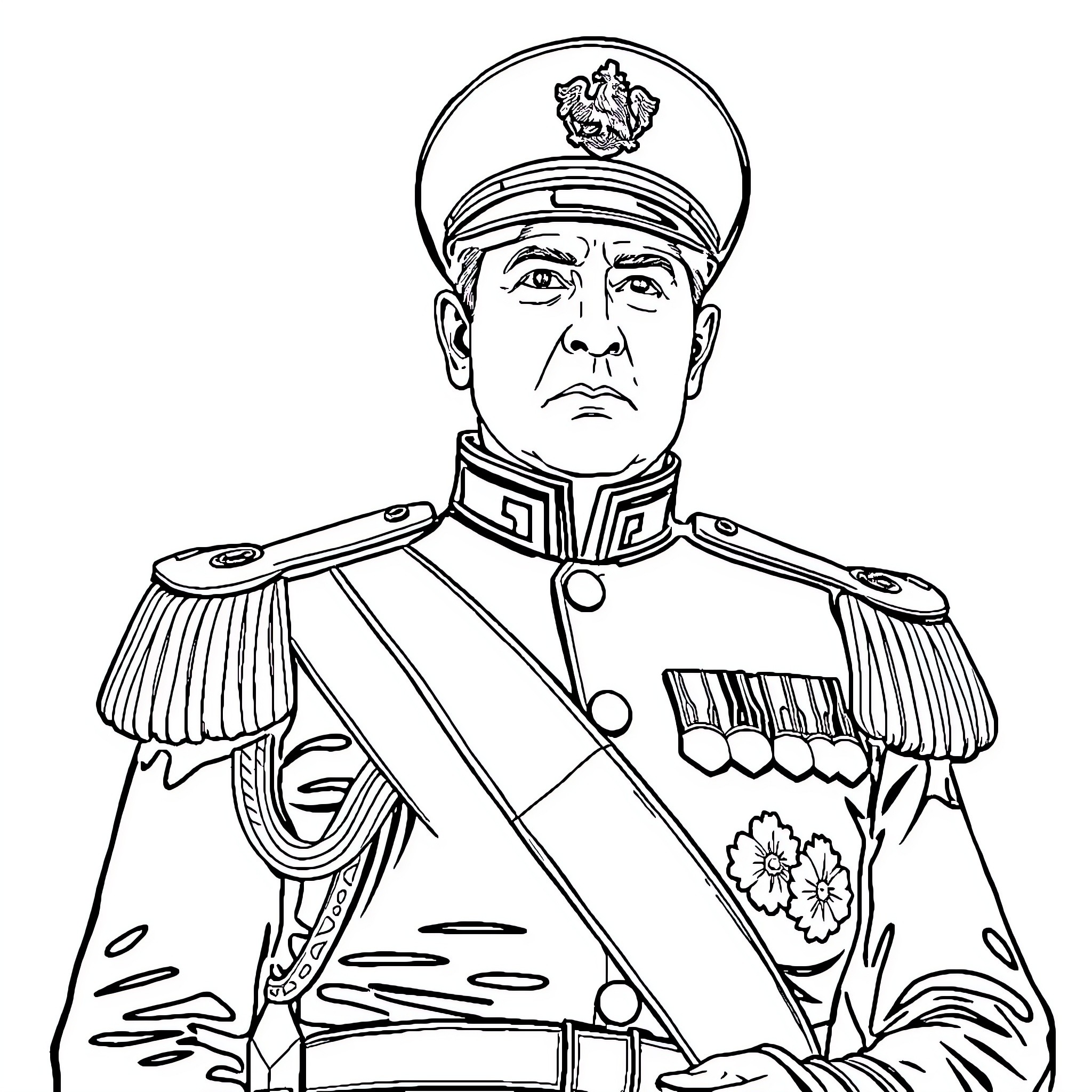 Antonio Lopez de Santa Anna in military uniform Coloring Page (free black-and-white line drawing printable PDF for all, from beginners to advanced learners, including children, teens, adults, and seniors)