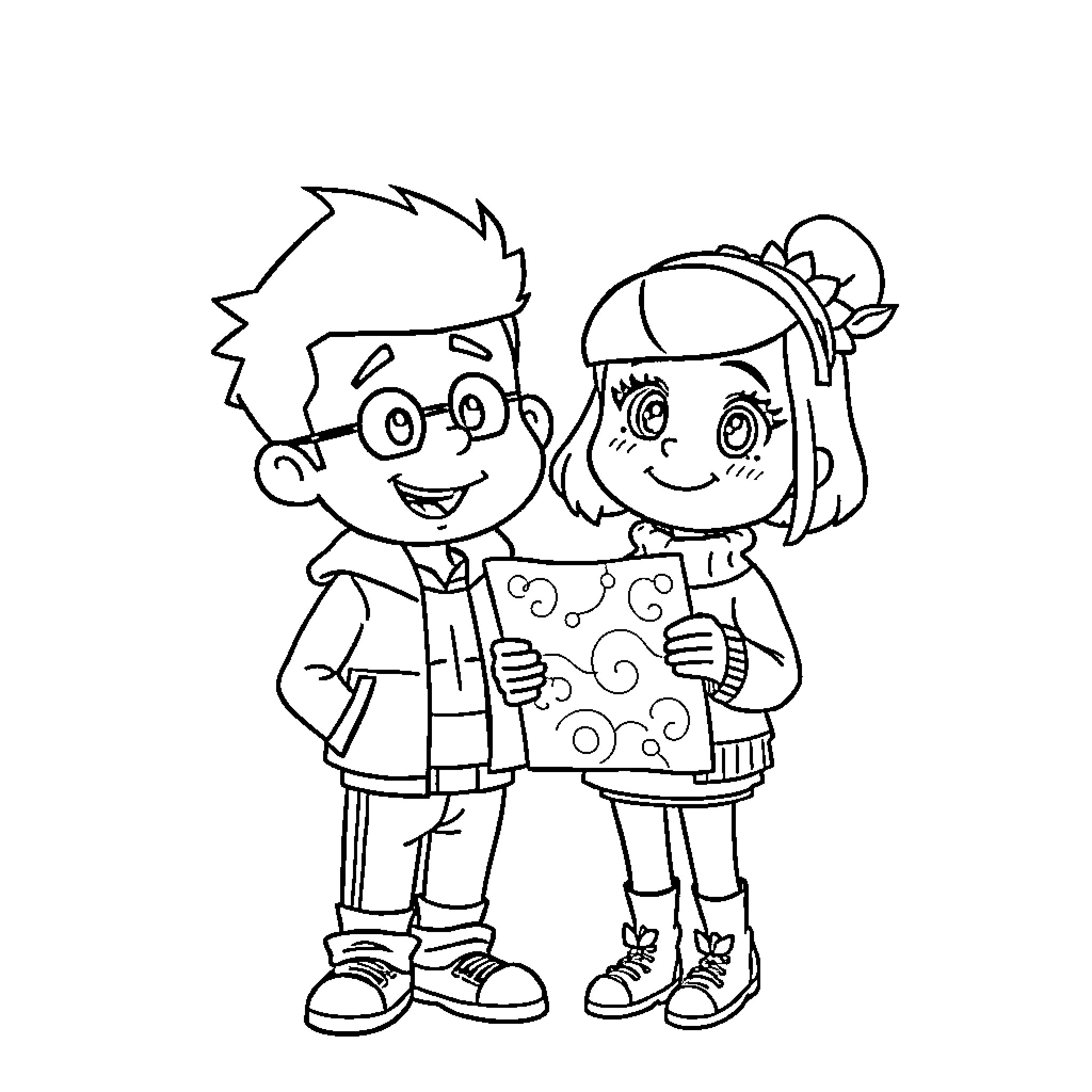 Dipper and Mabel in a cheerful embrace Coloring Page (free black-and-white line drawing printable PDF for all, from beginners to advanced learners, including children, teens, adults, and seniors)