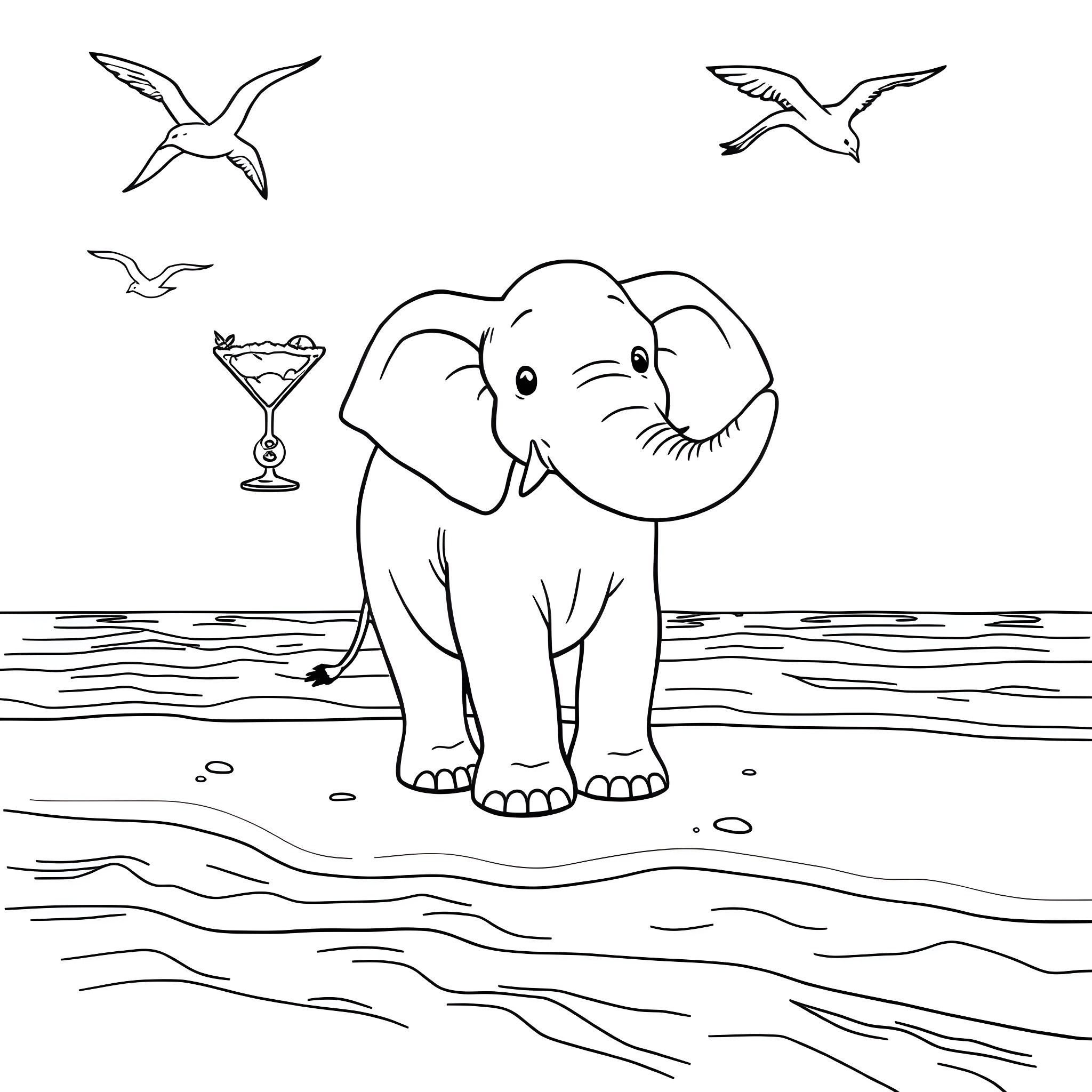 Elephant enjoying a cocktail by the beach Coloring Page (free black-and-white line drawing printable PDF for all, from beginners to advanced learners, including children, teens, adults, and seniors)