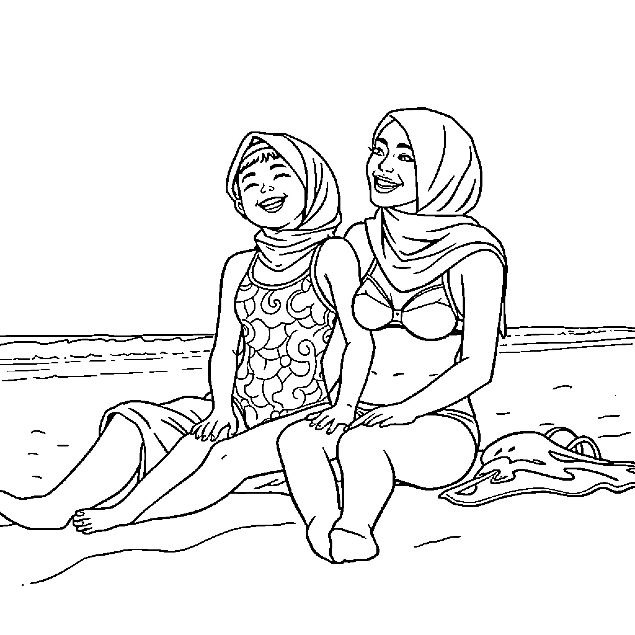 Girls having fun at the beach Coloring Page (free black-and-white line drawing printable PDF for all, from beginners to advanced learners, including children, teens, adults, and seniors)