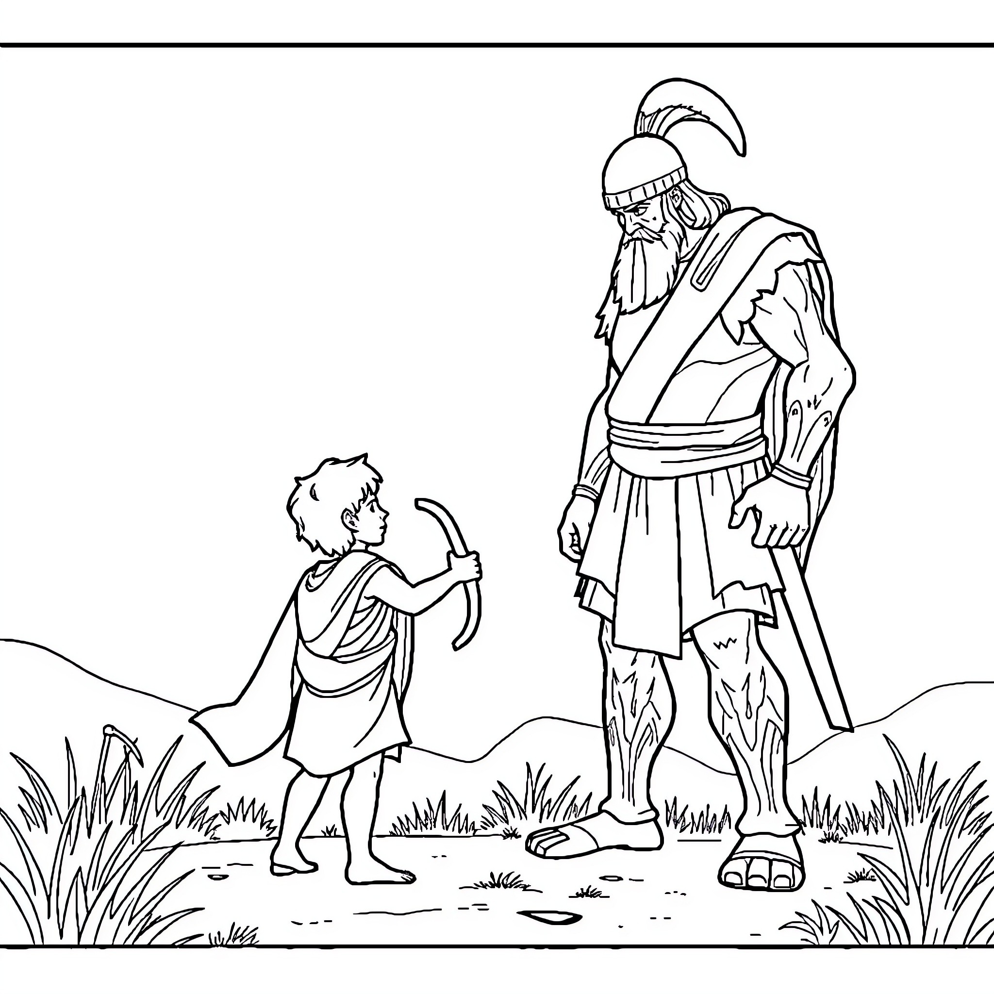 David vs Goliath: A Fearless Encounter in the Wilderness Coloring Page (free black-and-white line drawing printable PDF for all, from beginners to advanced learners, including children, teens, adults, and seniors)