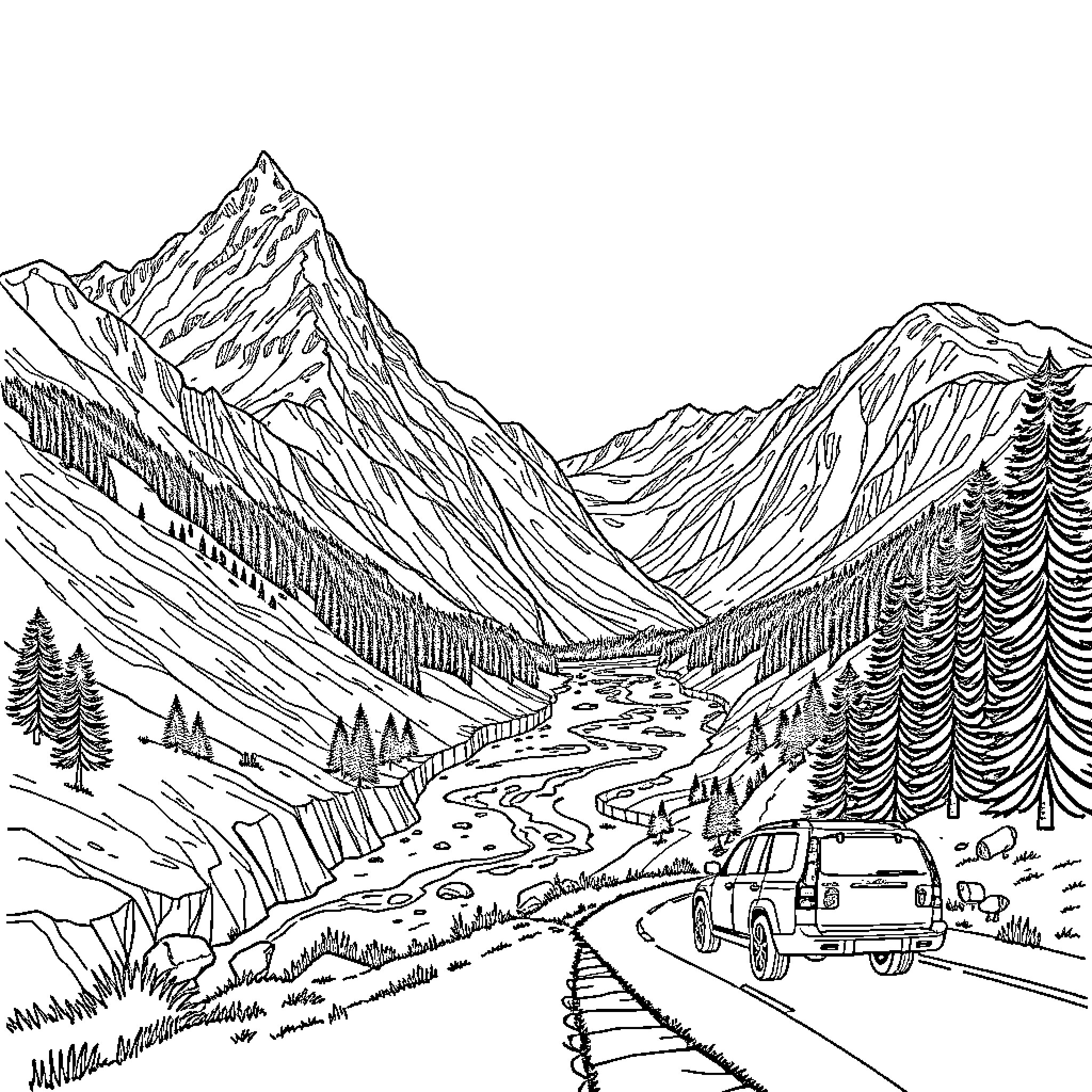 Mountain River Car Adventure in the Wilderness Coloring Page (free black-and-white line drawing printable PDF for all, from beginners to advanced learners, including children, teens, adults, and seniors)