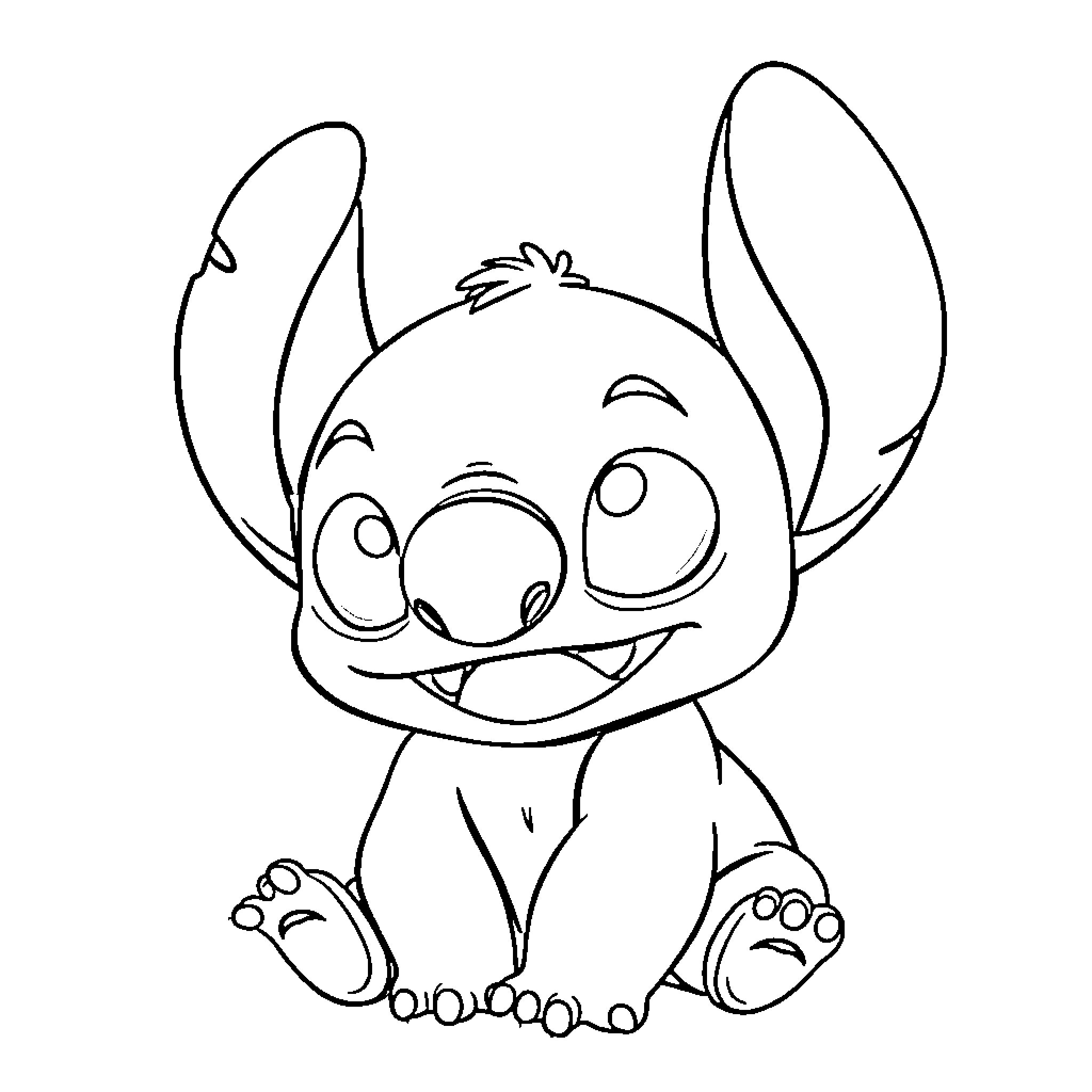Stitch sitting happily and smiling Coloring Page (free black-and-white line drawing printable PDF for all, from beginners to advanced learners, including children, teens, adults, and seniors)