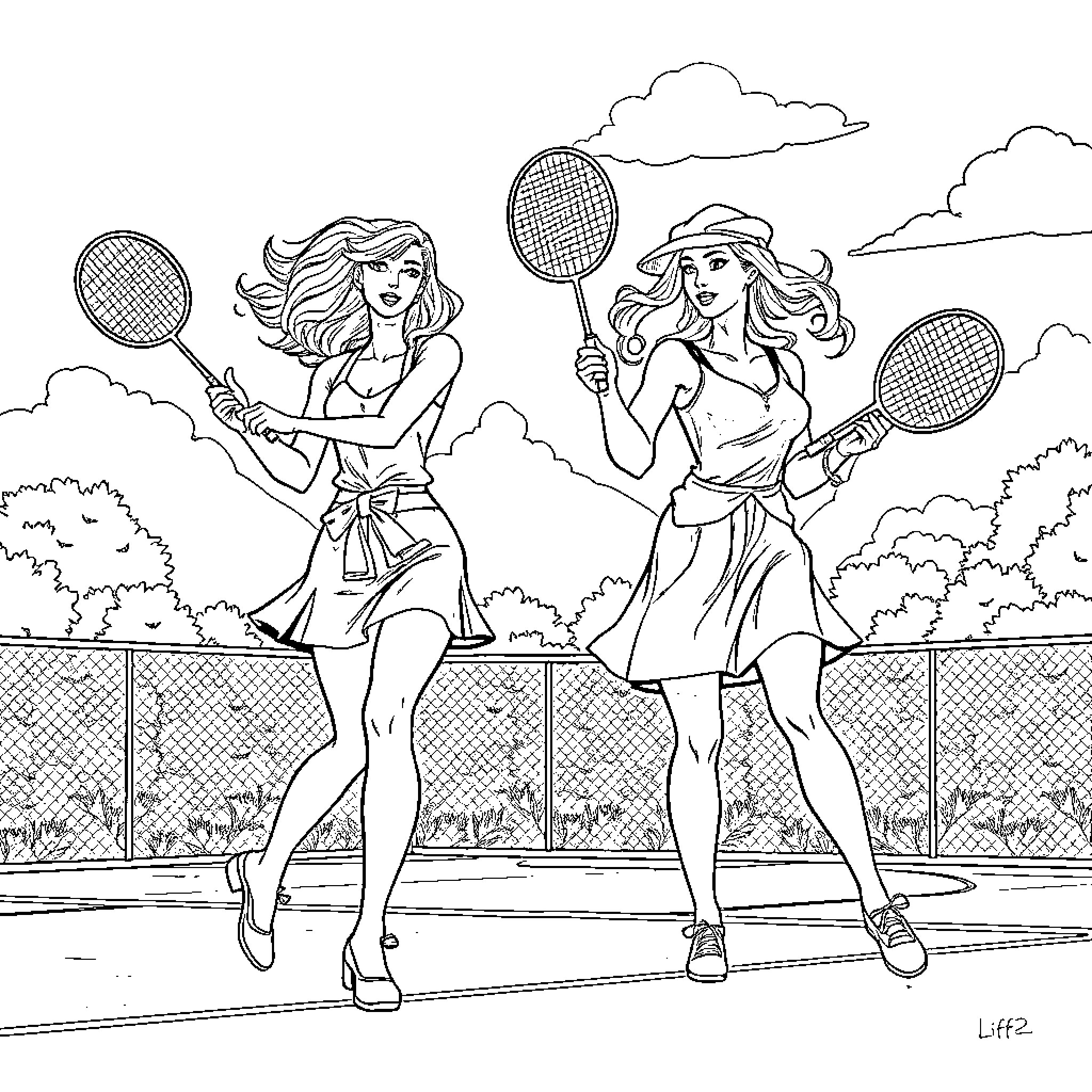 Baddie beauties battle on the tennis court Coloring Page (free black-and-white line drawing printable PDF for all, from beginners to advanced learners, including children, teens, adults, and seniors)