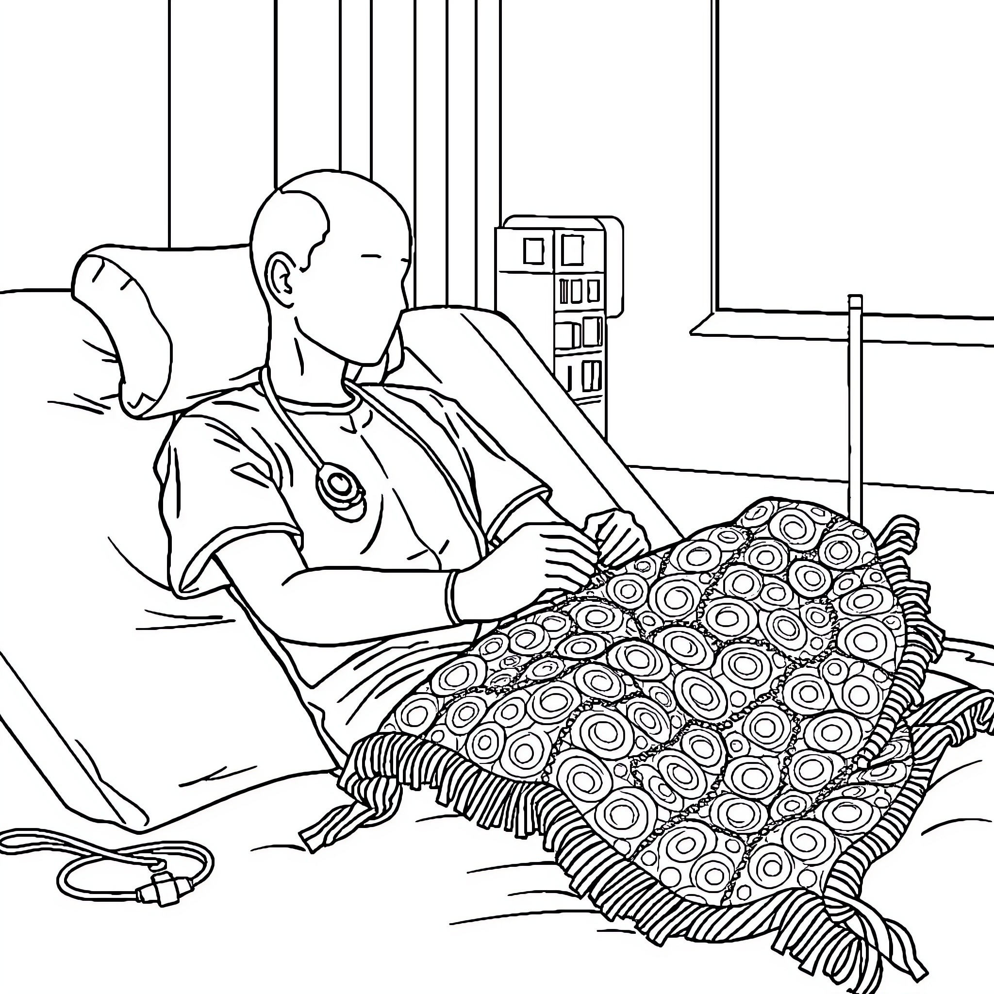 Manikin resting comfortably on hospital bed Coloring Page (free black-and-white line drawing printable PDF for all, from beginners to advanced learners, including children, teens, adults, and seniors)