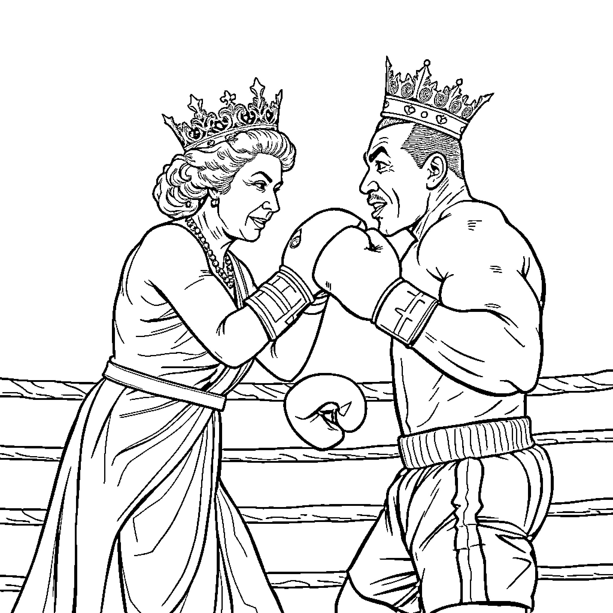 Queen and King in Armful Exchange Coloring Page (free black-and-white line drawing printable PDF for all, from beginners to advanced learners, including children, teens, adults, and seniors)