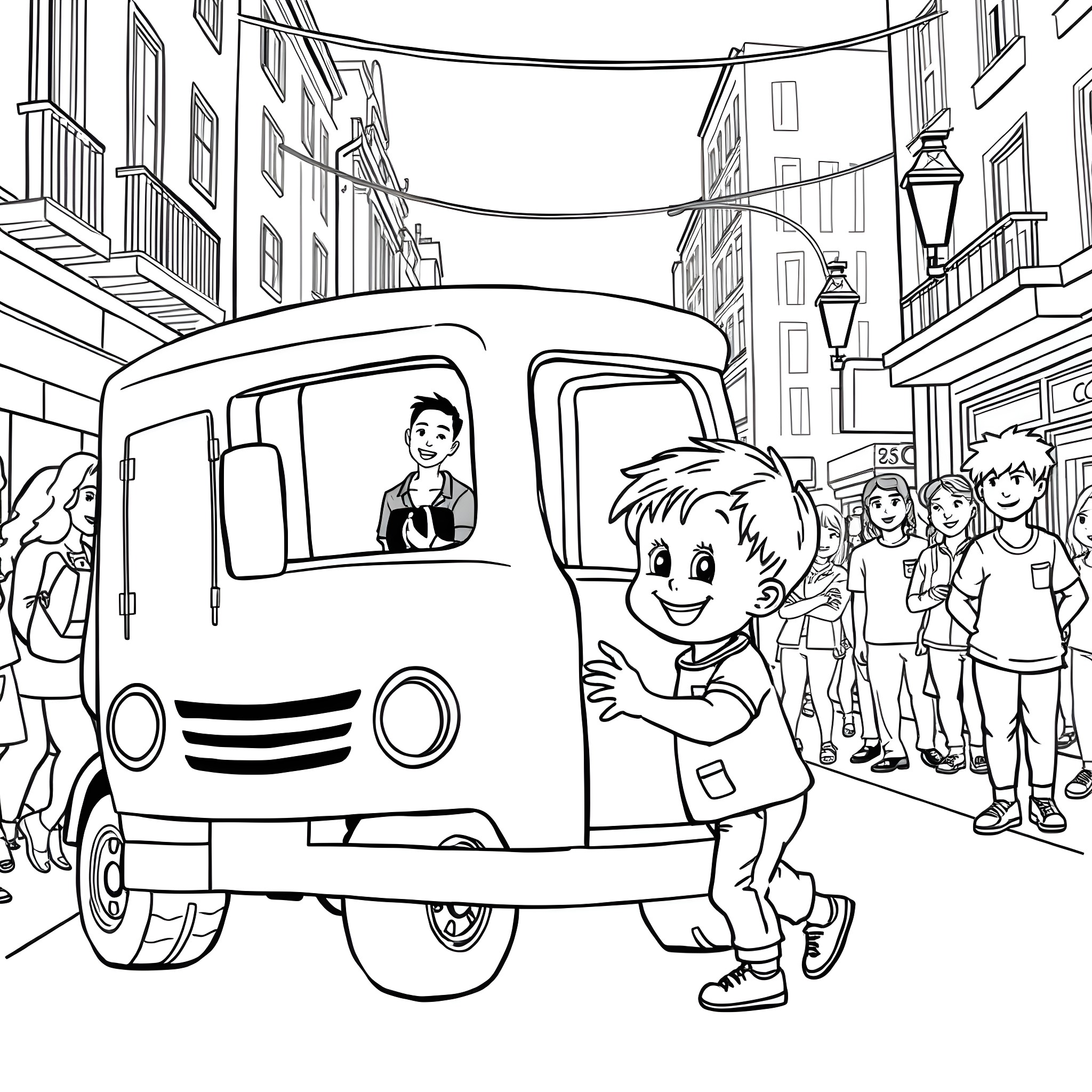 Trash Truck Collecting Garbage on City Street Coloring Page (free black-and-white line drawing printable PDF for all, from beginners to advanced learners, including children, teens, adults, and seniors)