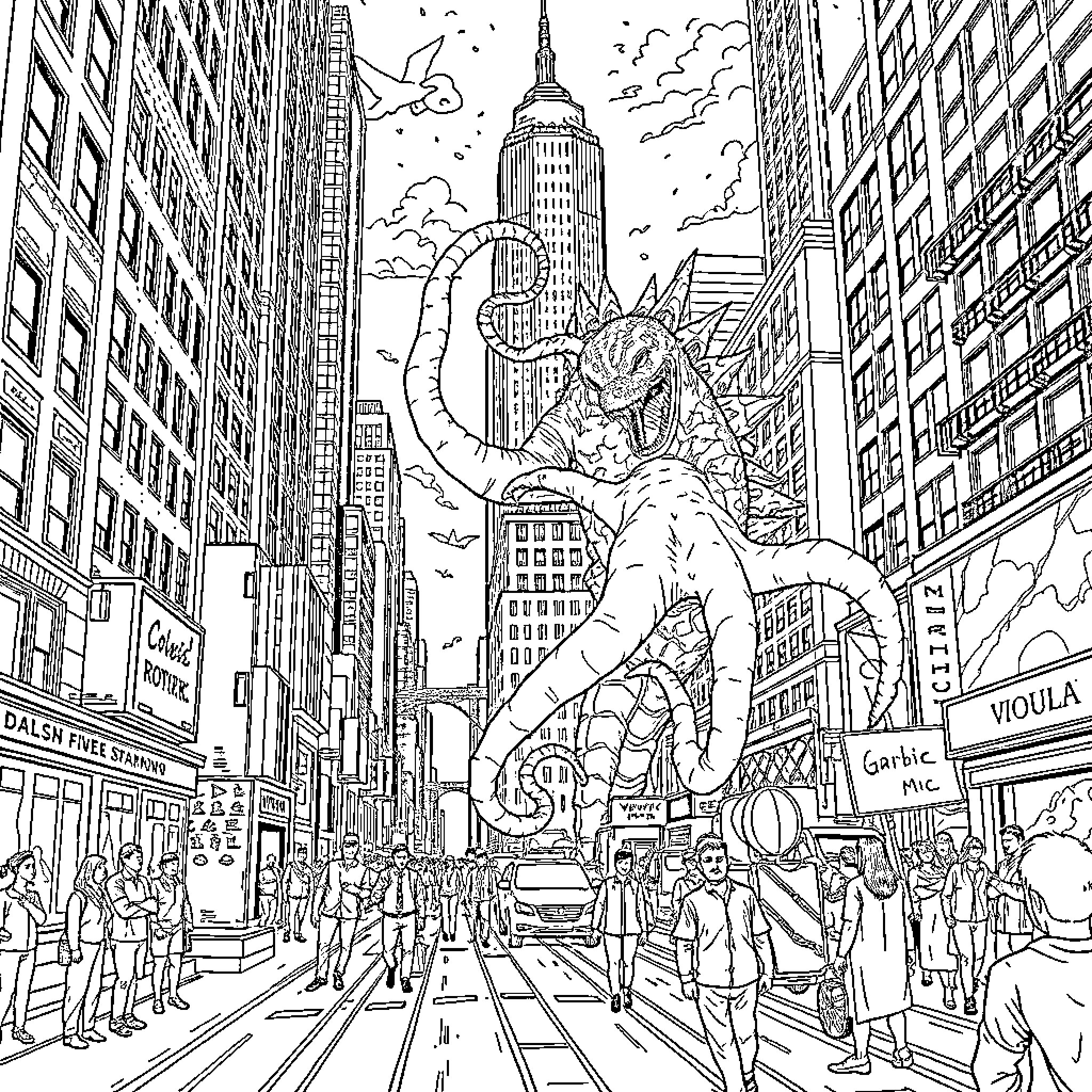 Godzilla Rampaging Through the City Streets Coloring Page (free black-and-white line drawing printable PDF for all, from beginners to advanced learners, including children, teens, adults, and seniors)