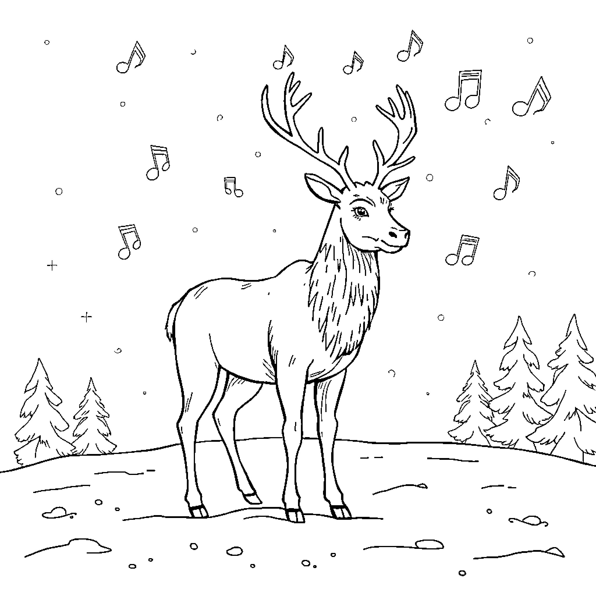 Reindeer listening to festive music in the snowy forest Coloring Page (free black-and-white line drawing printable PDF for all, from beginners to advanced learners, including children, teens, adults, and seniors)