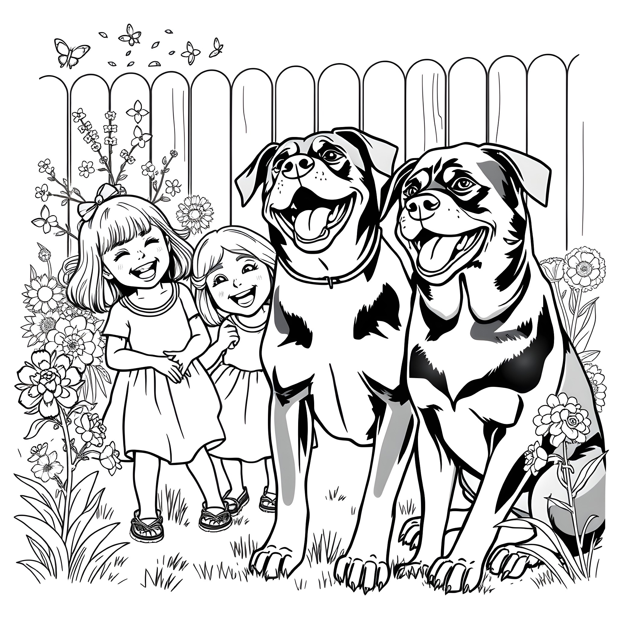 Rottweiler dogs playing with young girls in the garden Coloring Page (free black-and-white line drawing printable PDF for all, from beginners to advanced learners, including children, teens, adults, and seniors)