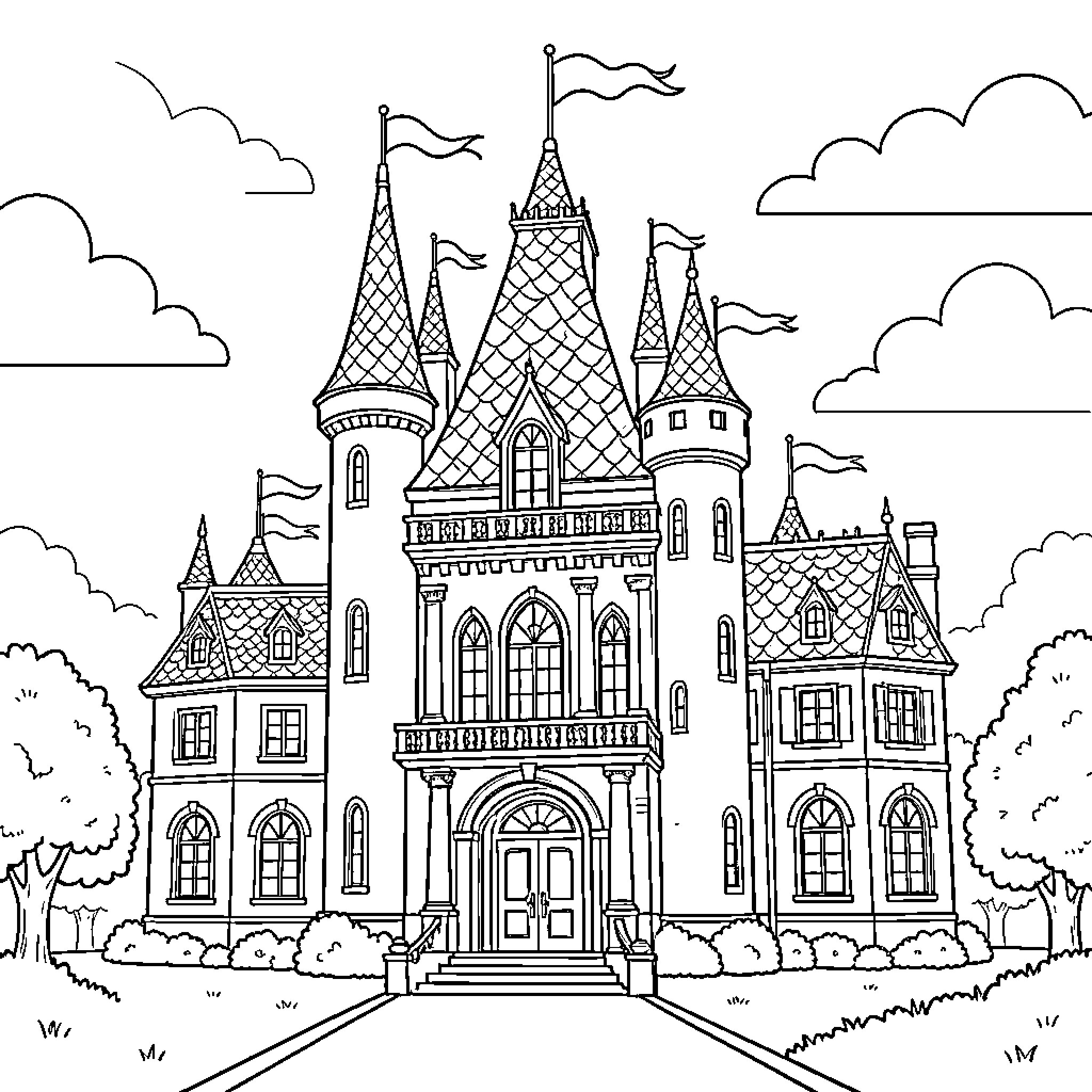 Princess's Magical Castle with Towering Spires and Flags Coloring Page (free black-and-white line drawing printable PDF for all, from beginners to advanced learners, including children, teens, adults, and seniors)