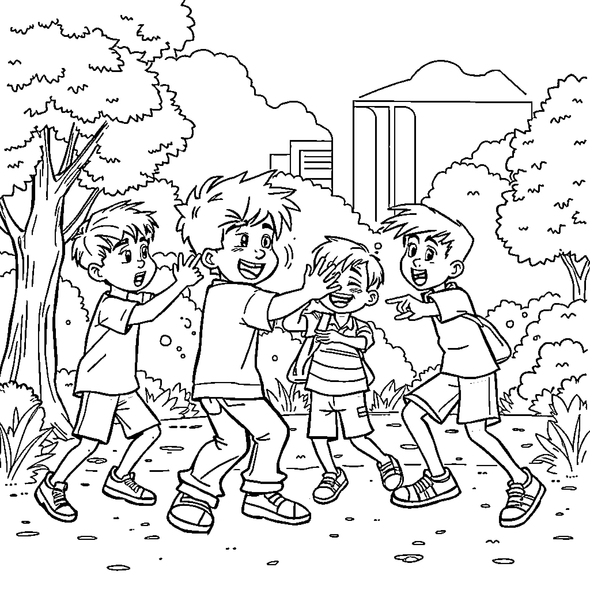 Zac and his friends playing together in the park Coloring Page (free black-and-white line drawing printable PDF for all, from beginners to advanced learners, including children, teens, adults, and seniors)