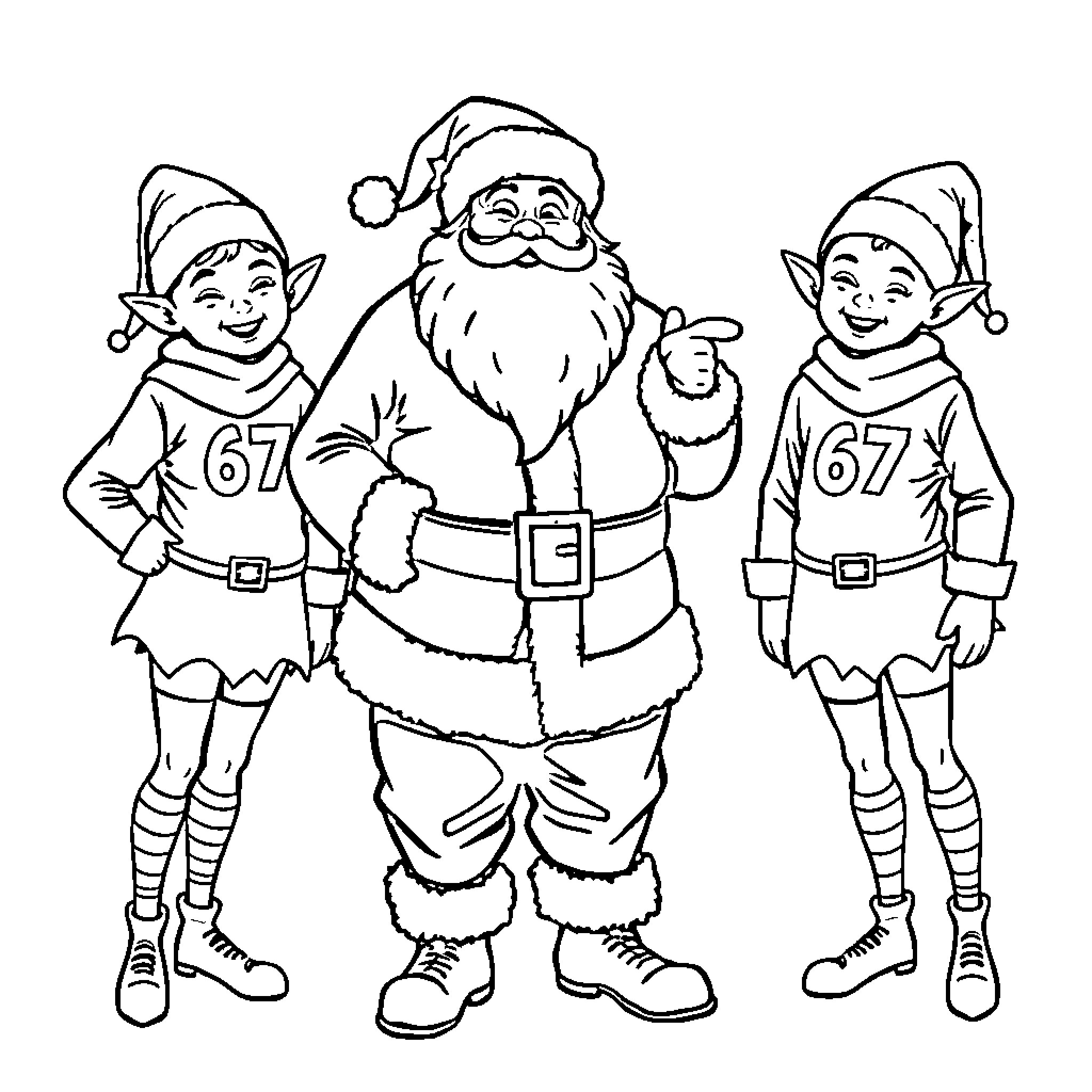 Santa and his jolly elf helpers Coloring Page (free black-and-white line drawing printable PDF for all, from beginners to advanced learners, including children, teens, adults, and seniors)