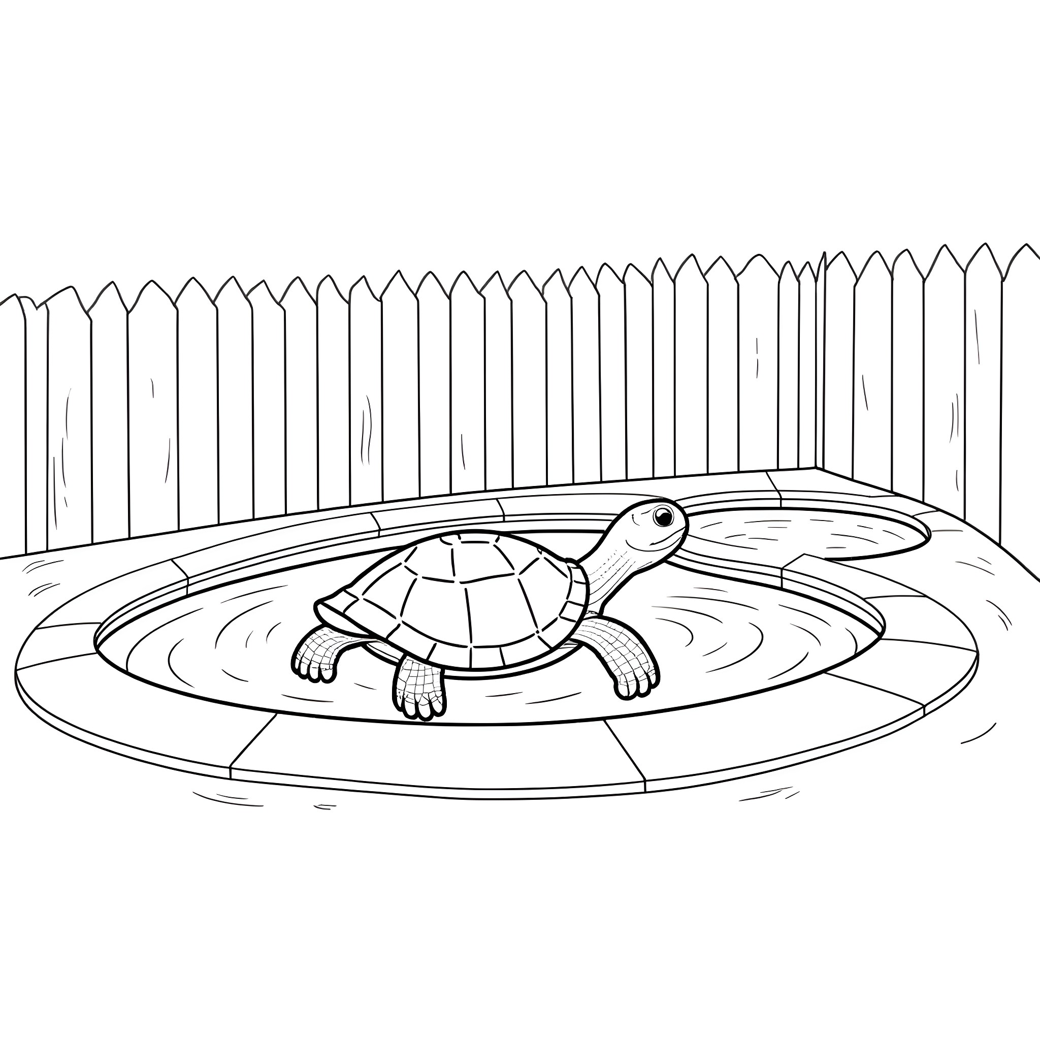 Turtle enjoying a swim in the pool Coloring Page (free black-and-white line drawing printable PDF for all, from beginners to advanced learners, including children, teens, adults, and seniors)