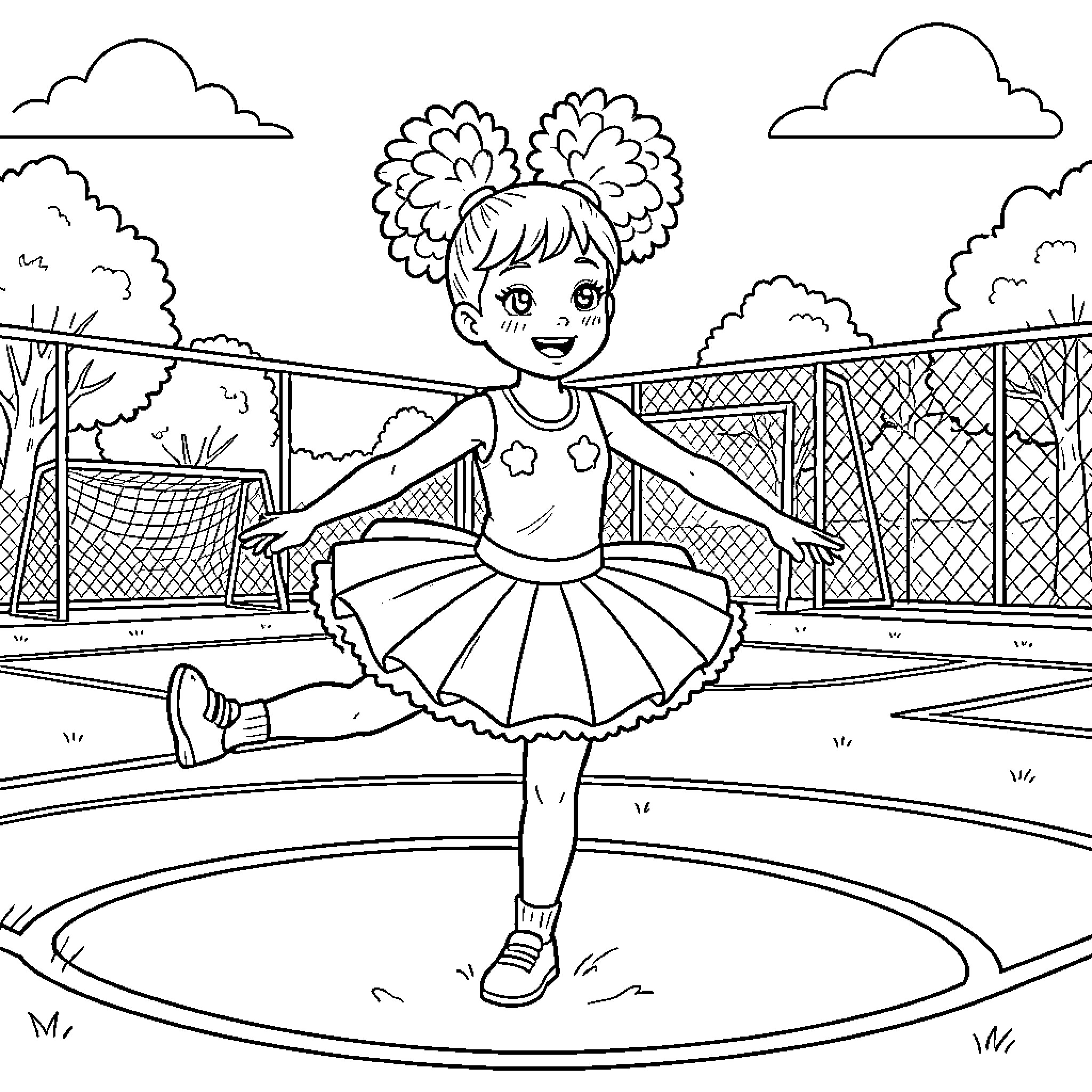 Pompon Girl Performing Cheerful Dance Routine Coloring Page (free black-and-white line drawing printable PDF for all, from beginners to advanced learners, including children, teens, adults, and seniors)