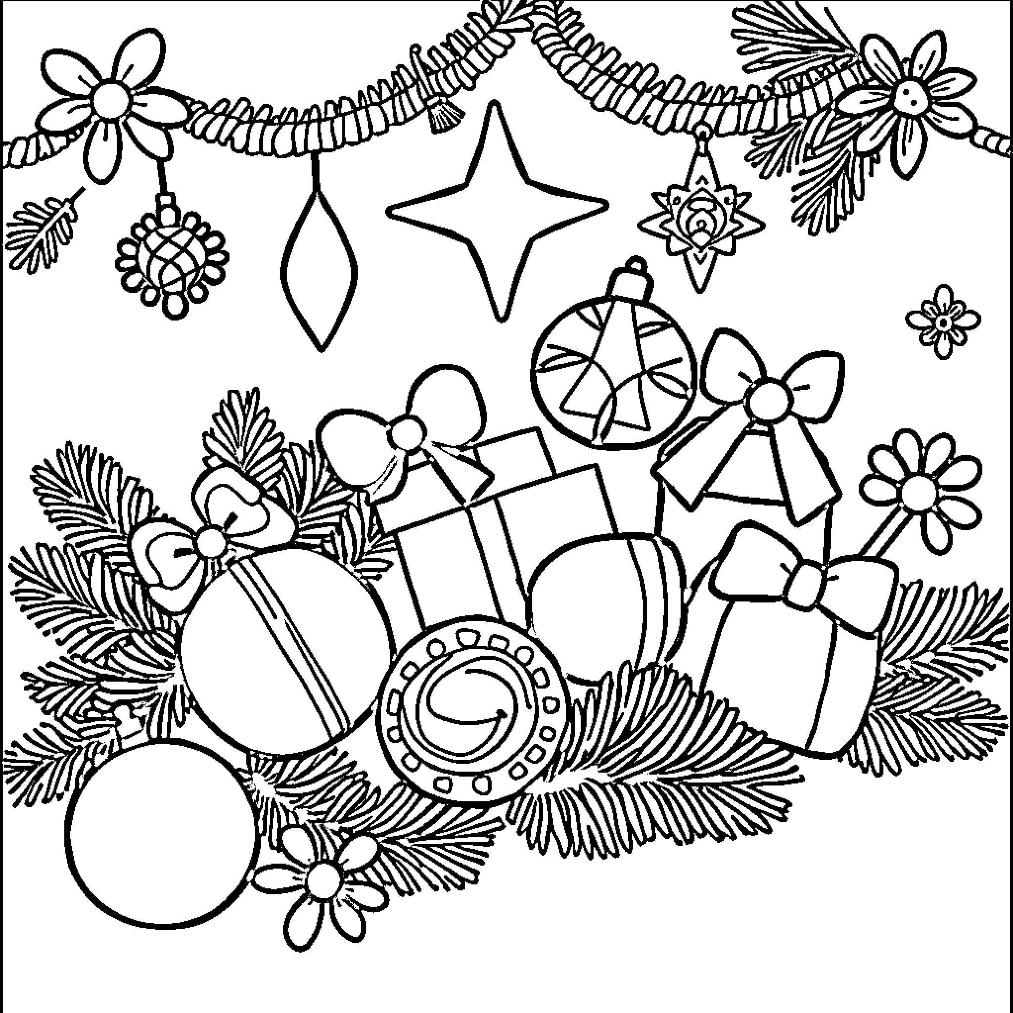 Christmas decorations and ornaments in a festive arrangement Coloring Page (free black-and-white line drawing printable PDF for all, from beginners to advanced learners, including children, teens, adults, and seniors)