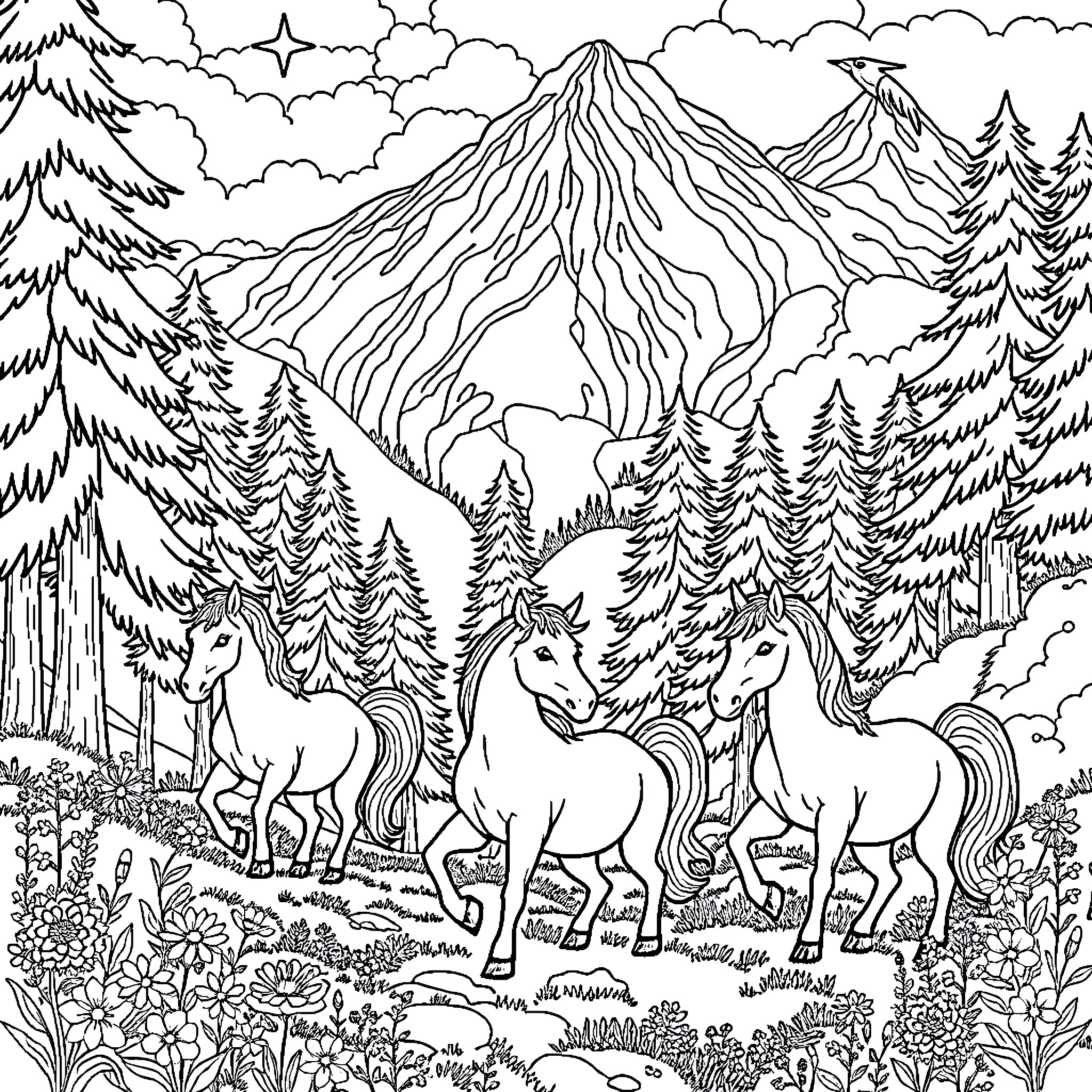 Unicorn herd exploring a majestic mountain landscape Coloring Page (free black-and-white line drawing printable PDF for all, from beginners to advanced learners, including children, teens, adults, and seniors)