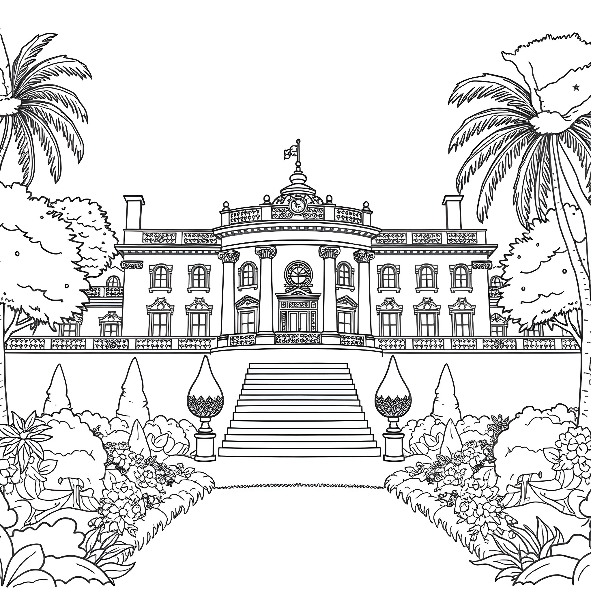 Trump's Lavish Palace Amid Tropical Scenery Coloring Page (free black-and-white line drawing printable PDF for all, from beginners to advanced learners, including children, teens, adults, and seniors)