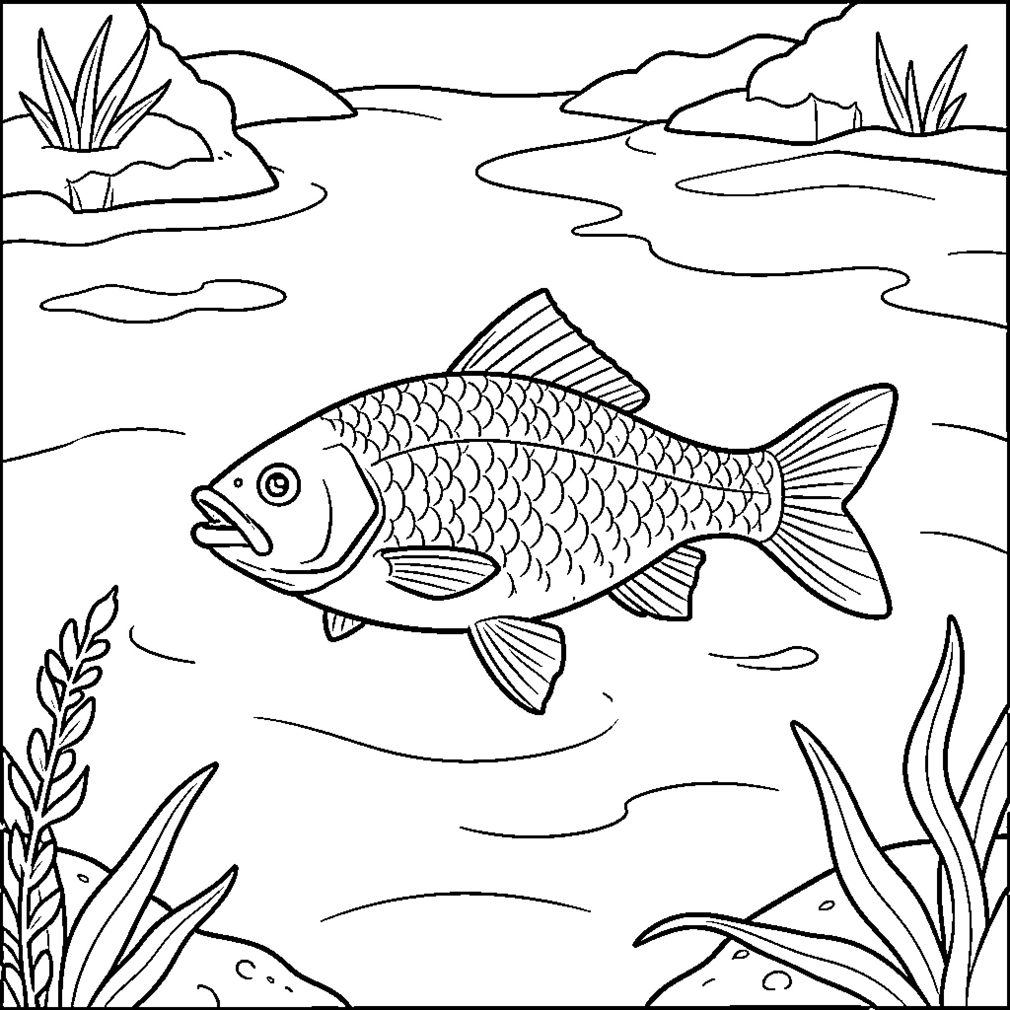Fish swimming peacefully through an underwater landscape Coloring Page (free black-and-white line drawing printable PDF for all, from beginners to advanced learners, including children, teens, adults, and seniors)