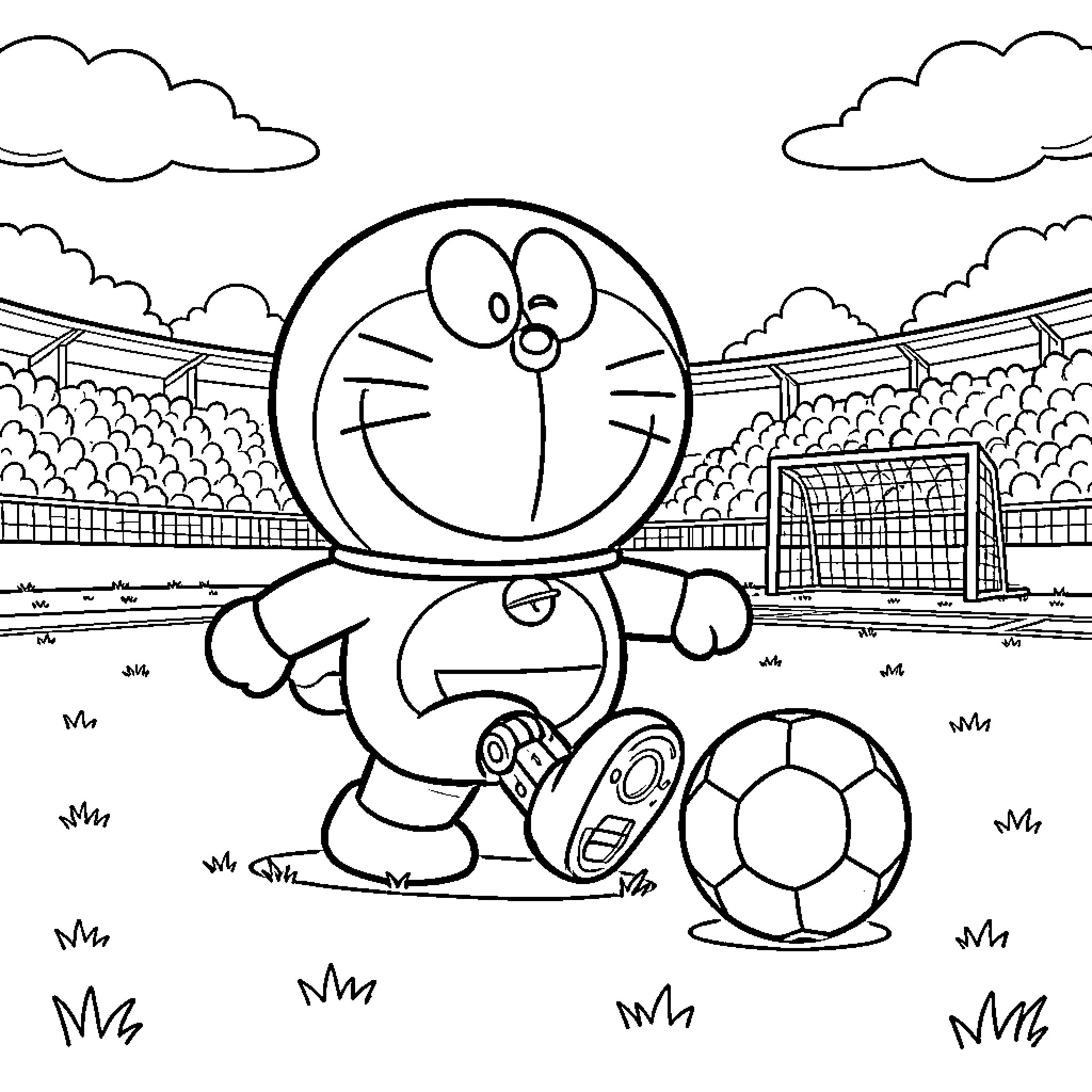 Doraemon playing soccer on the field Coloring Page (free black-and-white line drawing printable PDF for all, from beginners to advanced learners, including children, teens, adults, and seniors)
