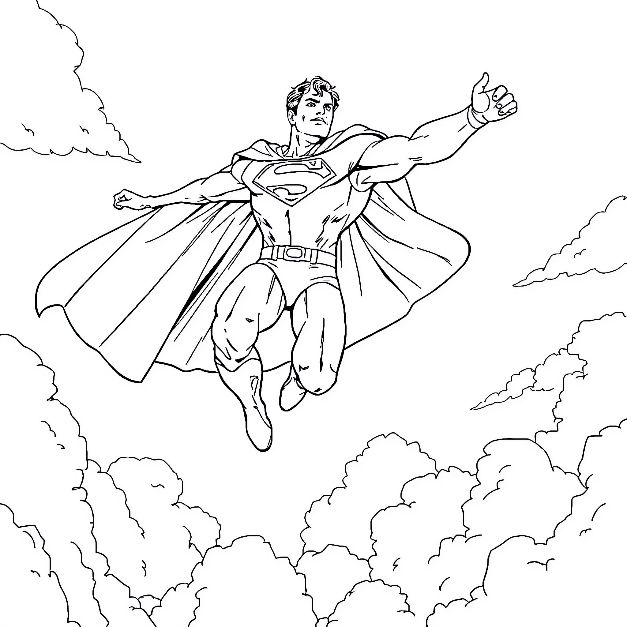 Superman soaring through the clouds with determination Coloring Page (free black-and-white line drawing printable PDF for all, from beginners to advanced learners, including children, teens, adults, and seniors)
