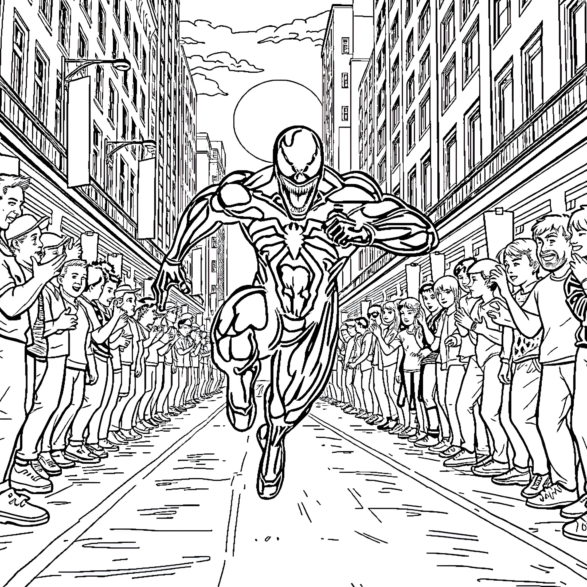 Venom rushing through the city streets Coloring Page (free black-and-white line drawing printable PDF for all, from beginners to advanced learners, including children, teens, adults, and seniors)