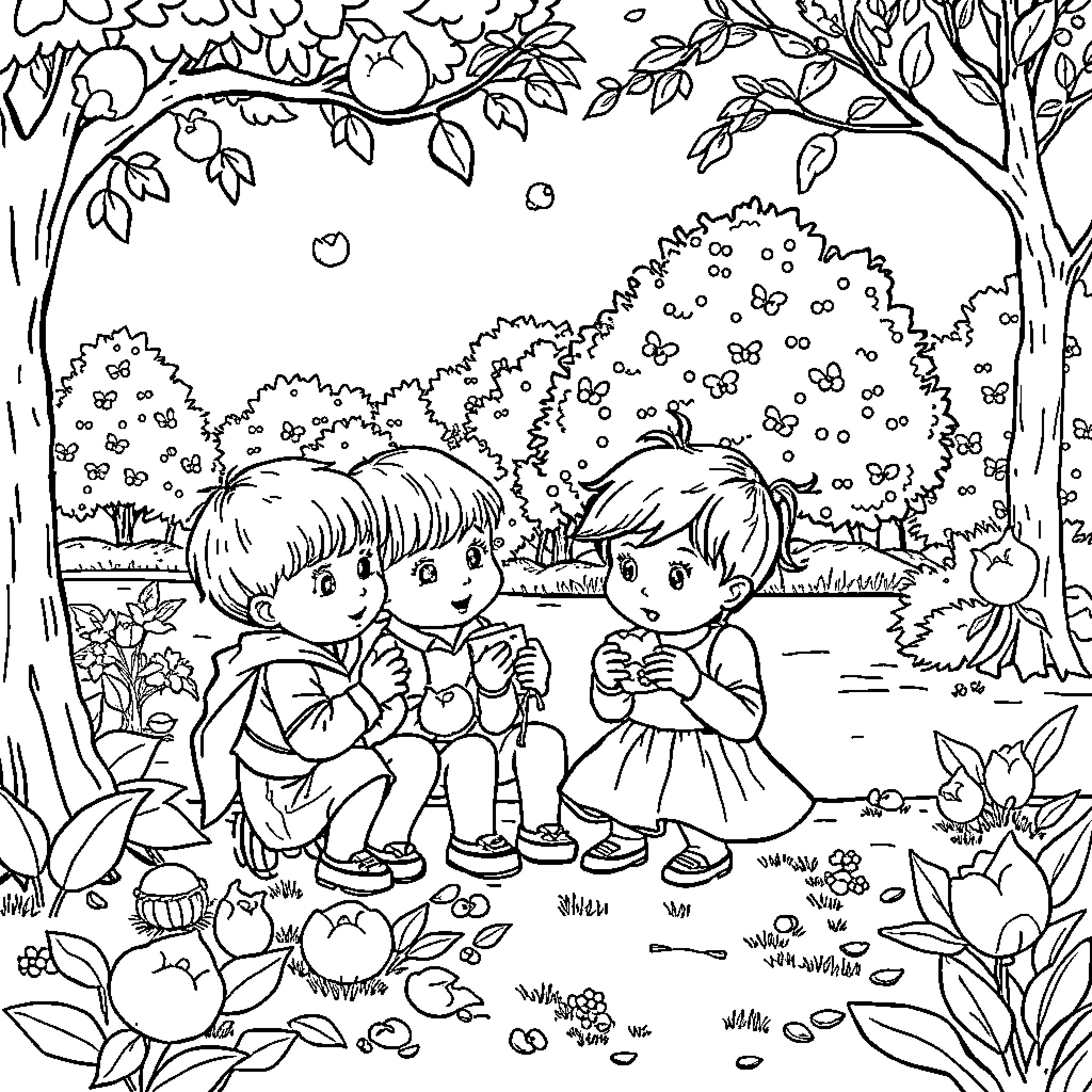 Child friends enjoying nature together Coloring Page (free black-and-white line drawing printable PDF for all, from beginners to advanced learners, including children, teens, adults, and seniors)
