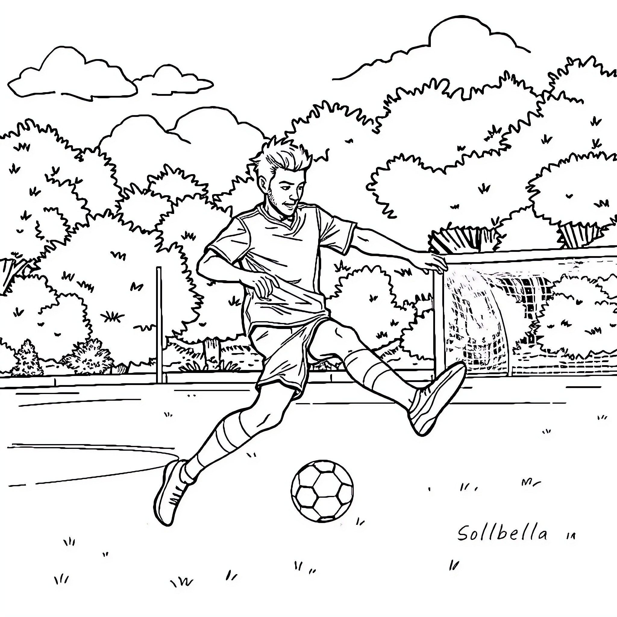 Barman playing soccer in a scenic outdoor setting Coloring Page (free black-and-white line drawing printable PDF for all, from beginners to advanced learners, including children, teens, adults, and seniors)