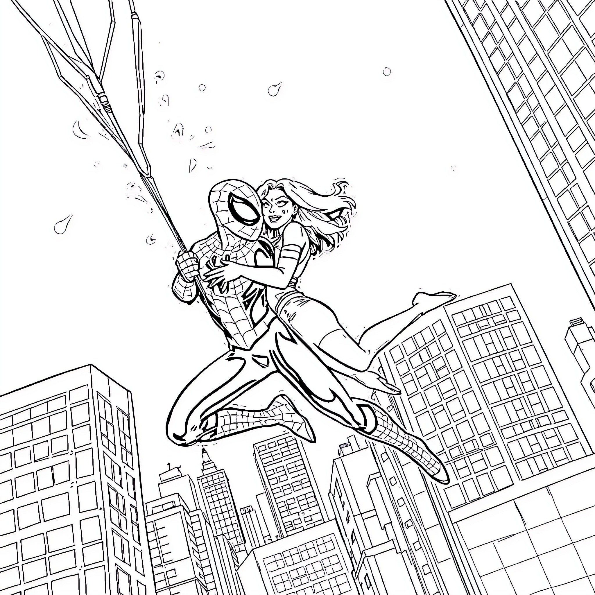 Spiderman swinging through the city with a companion Coloring Page (free black-and-white line drawing printable PDF for all, from beginners to advanced learners, including children, teens, adults, and seniors)