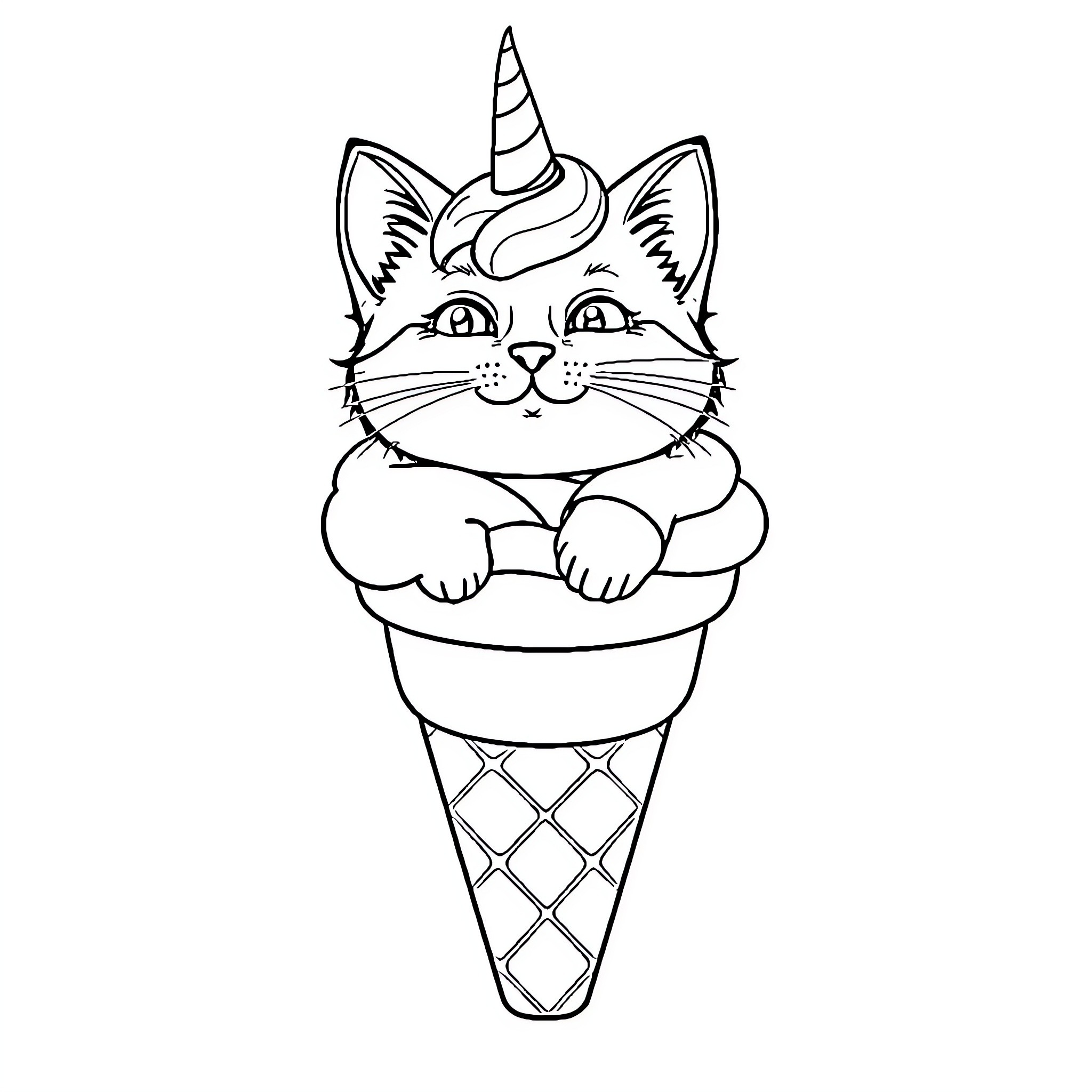 Cat unicorn in an ice cream cone Coloring Page (free black-and-white line drawing printable PDF for all, from beginners to advanced learners, including children, teens, adults, and seniors)