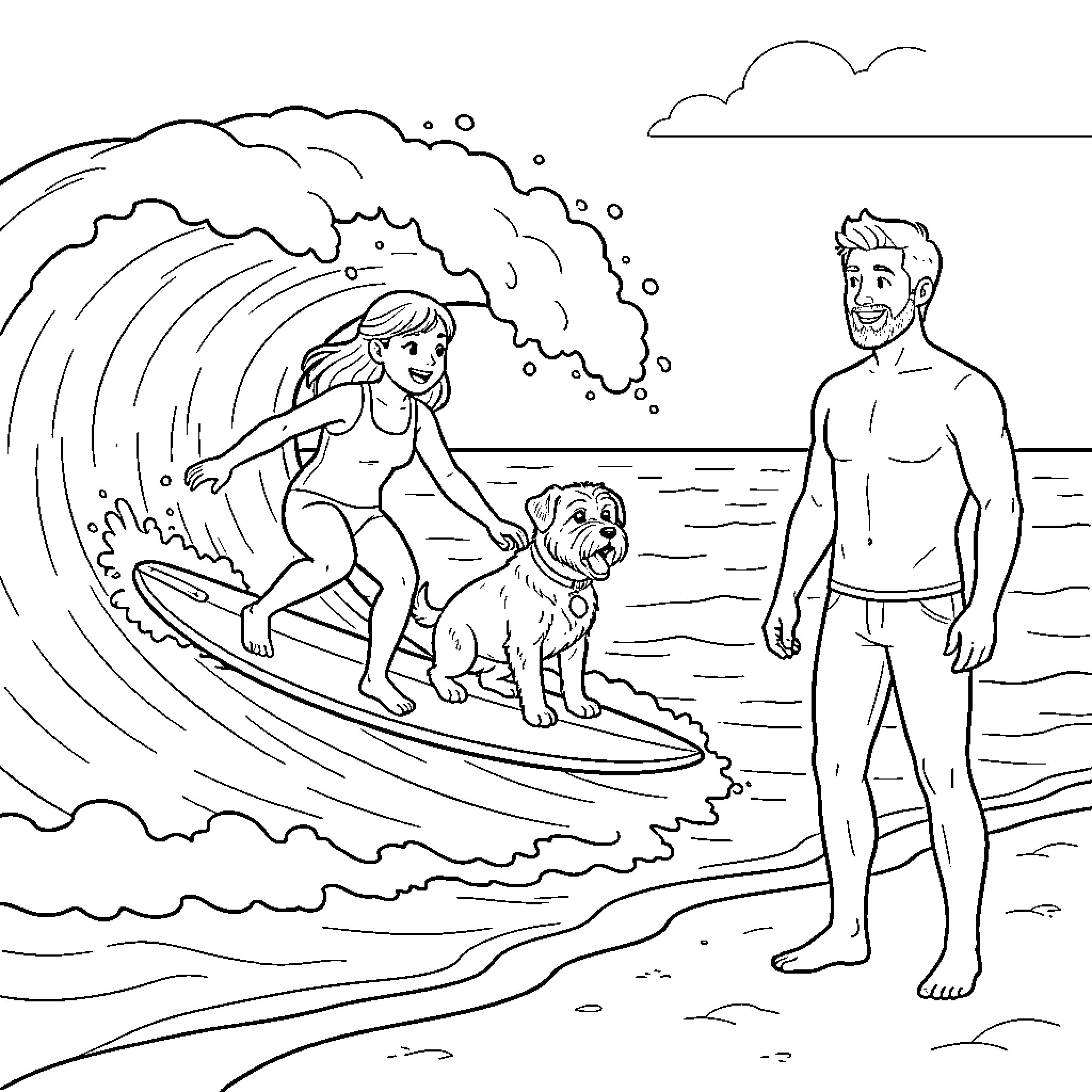 Girl surfs with dog on waves by the beach Coloring Page (free black-and-white line drawing printable PDF for all, from beginners to advanced learners, including children, teens, adults, and seniors)