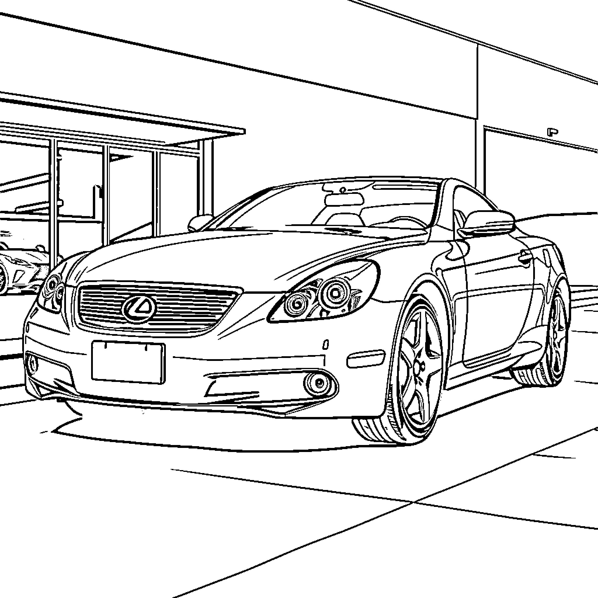 Lexus SC300 parked in garage Coloring Page (free black-and-white line drawing printable PDF for all, from beginners to advanced learners, including children, teens, adults, and seniors)