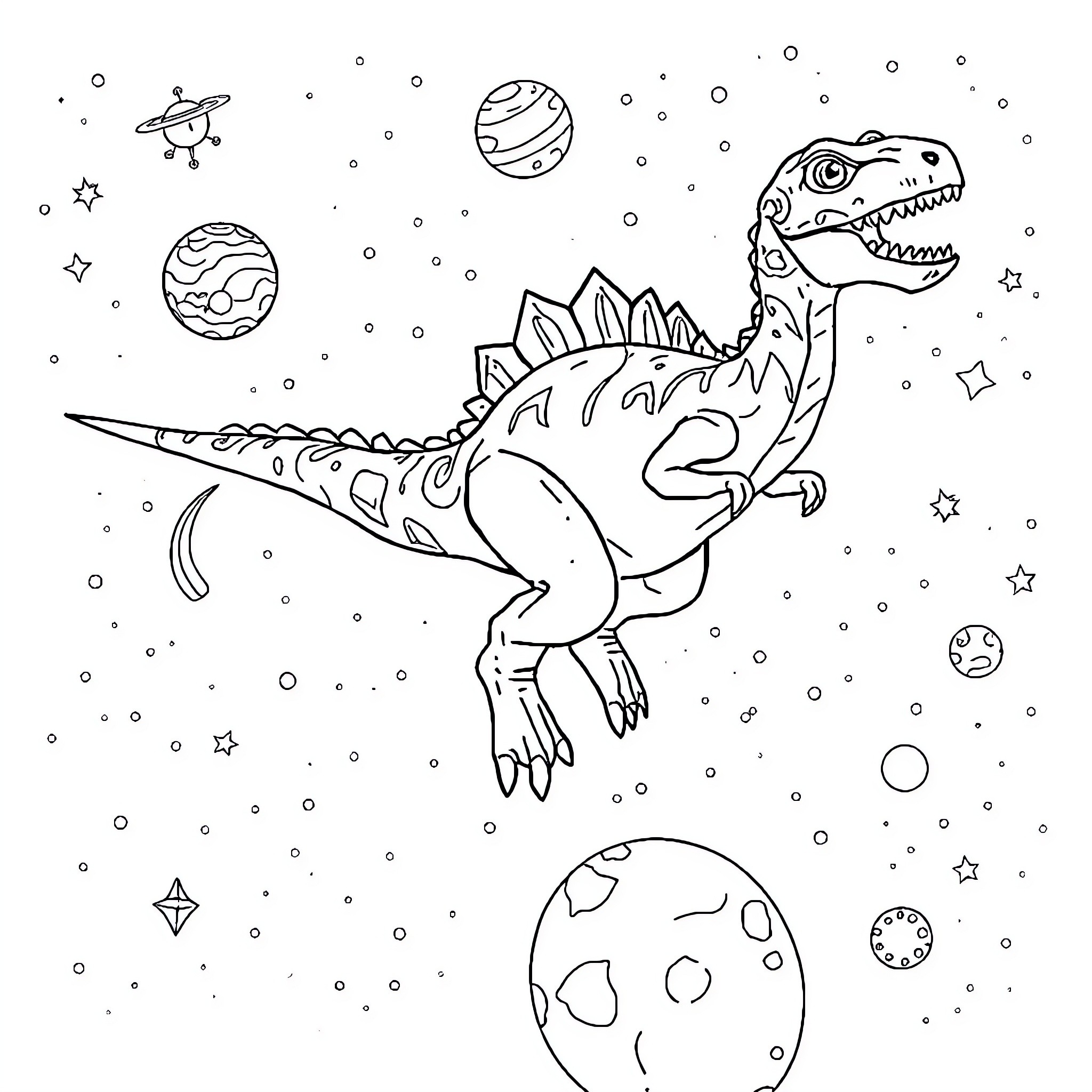 Dinosaur exploring the cosmos Coloring Page (free black-and-white line drawing printable PDF for all, from beginners to advanced learners, including children, teens, adults, and seniors)