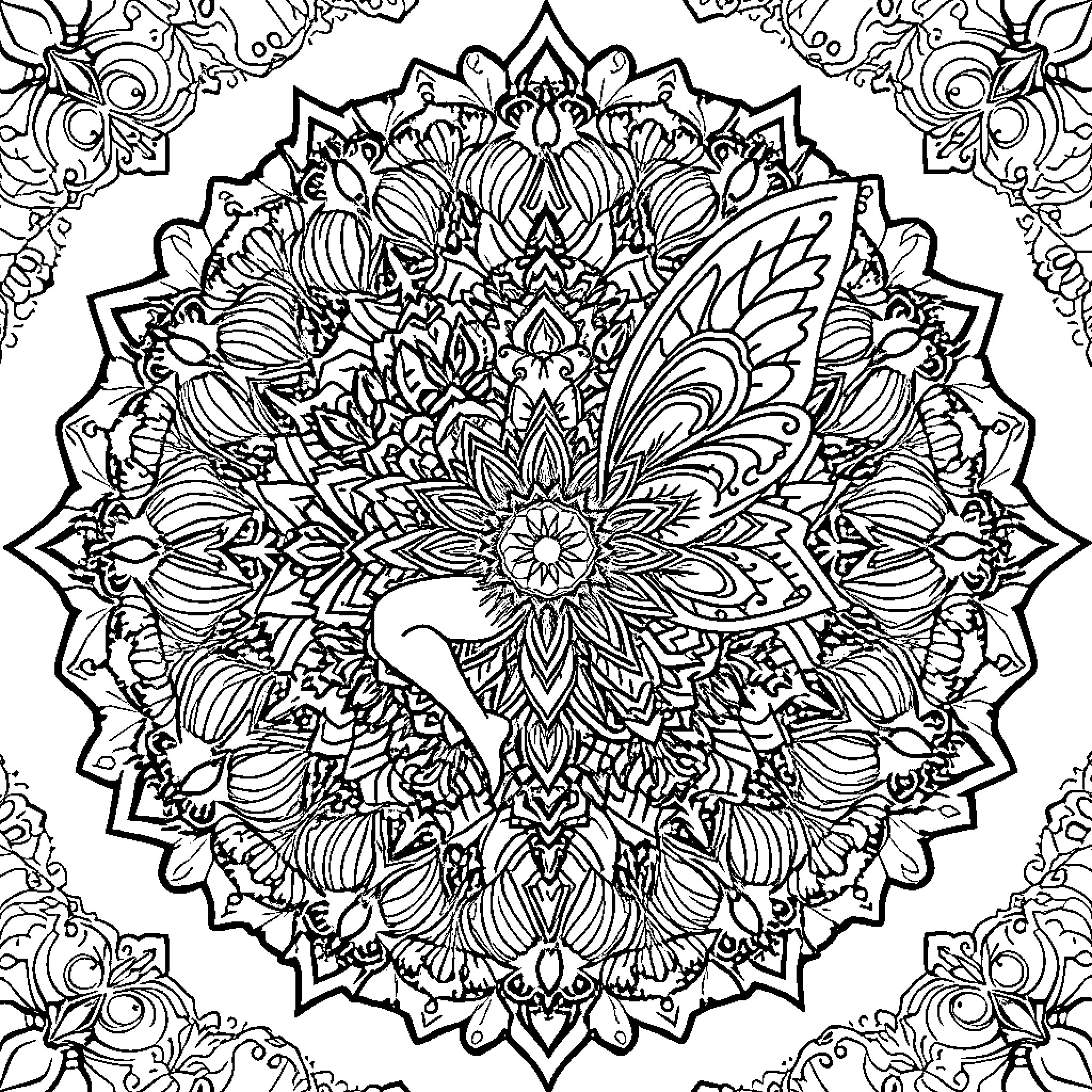 Mandala of intricate floral patterns and abstract designs Coloring Page (free black-and-white line drawing printable PDF for all, from beginners to advanced learners, including children, teens, adults, and seniors)