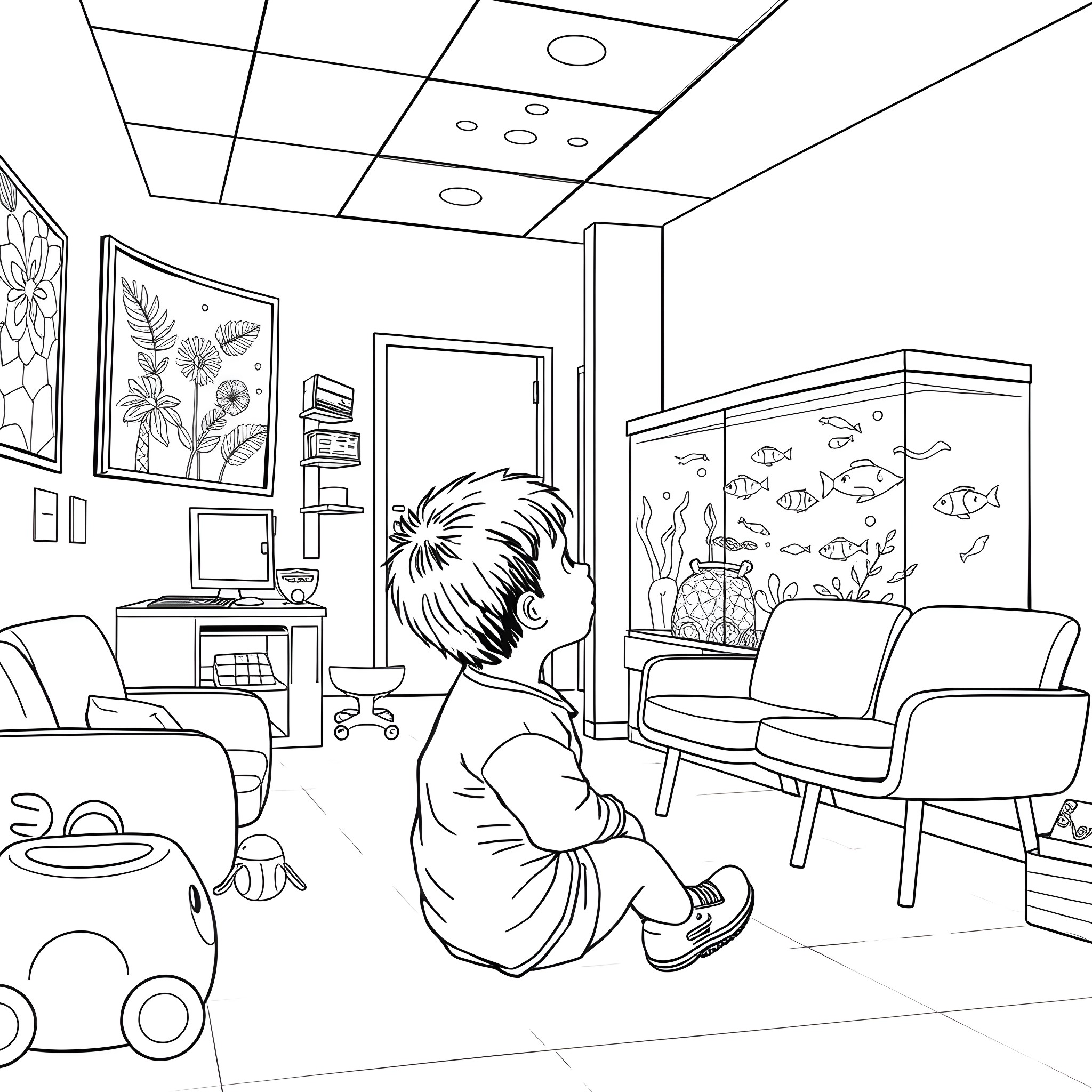 Child playing with toys in cozy home Coloring Page (free black-and-white line drawing printable PDF for all, from beginners to advanced learners, including children, teens, adults, and seniors)