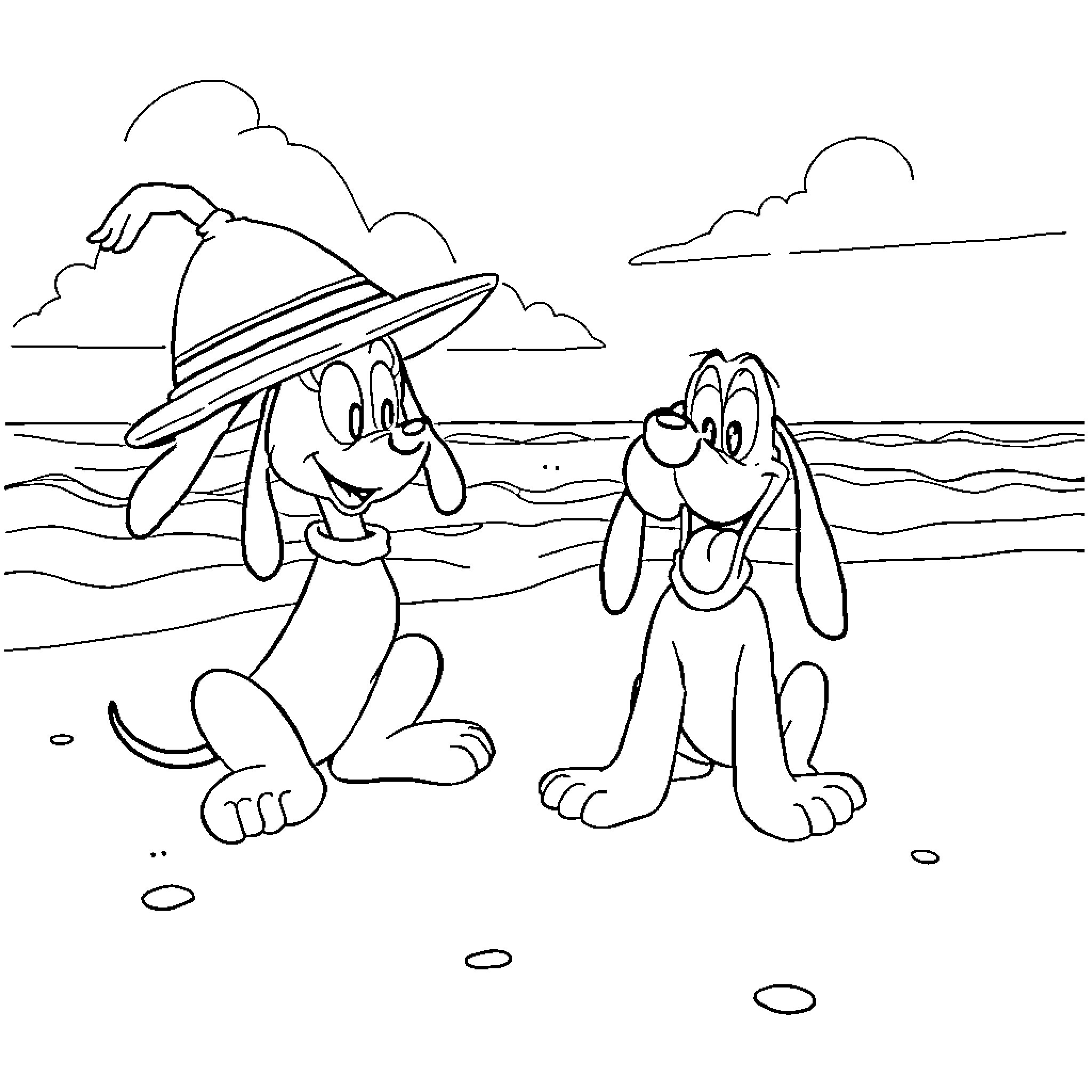 Mini Cartoon Dogs at the Beach Coloring Page (free black-and-white line drawing printable PDF for all, from beginners to advanced learners, including children, teens, adults, and seniors)