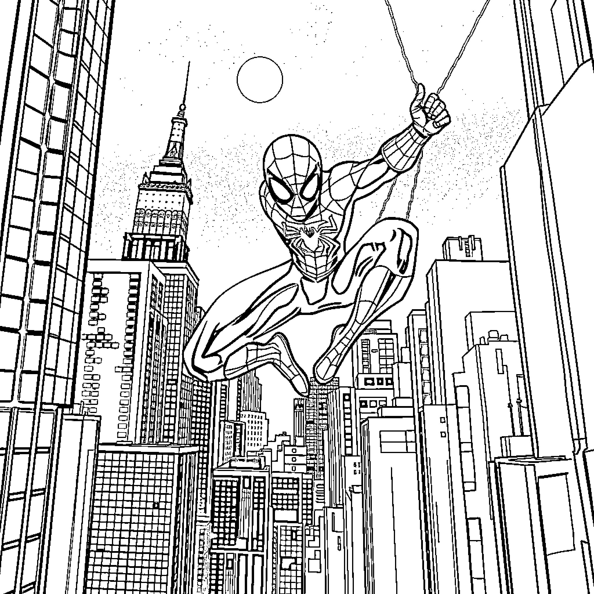 Spider-Man swinging high above the city skyline Coloring Page (free black-and-white line drawing printable PDF for all, from beginners to advanced learners, including children, teens, adults, and seniors)