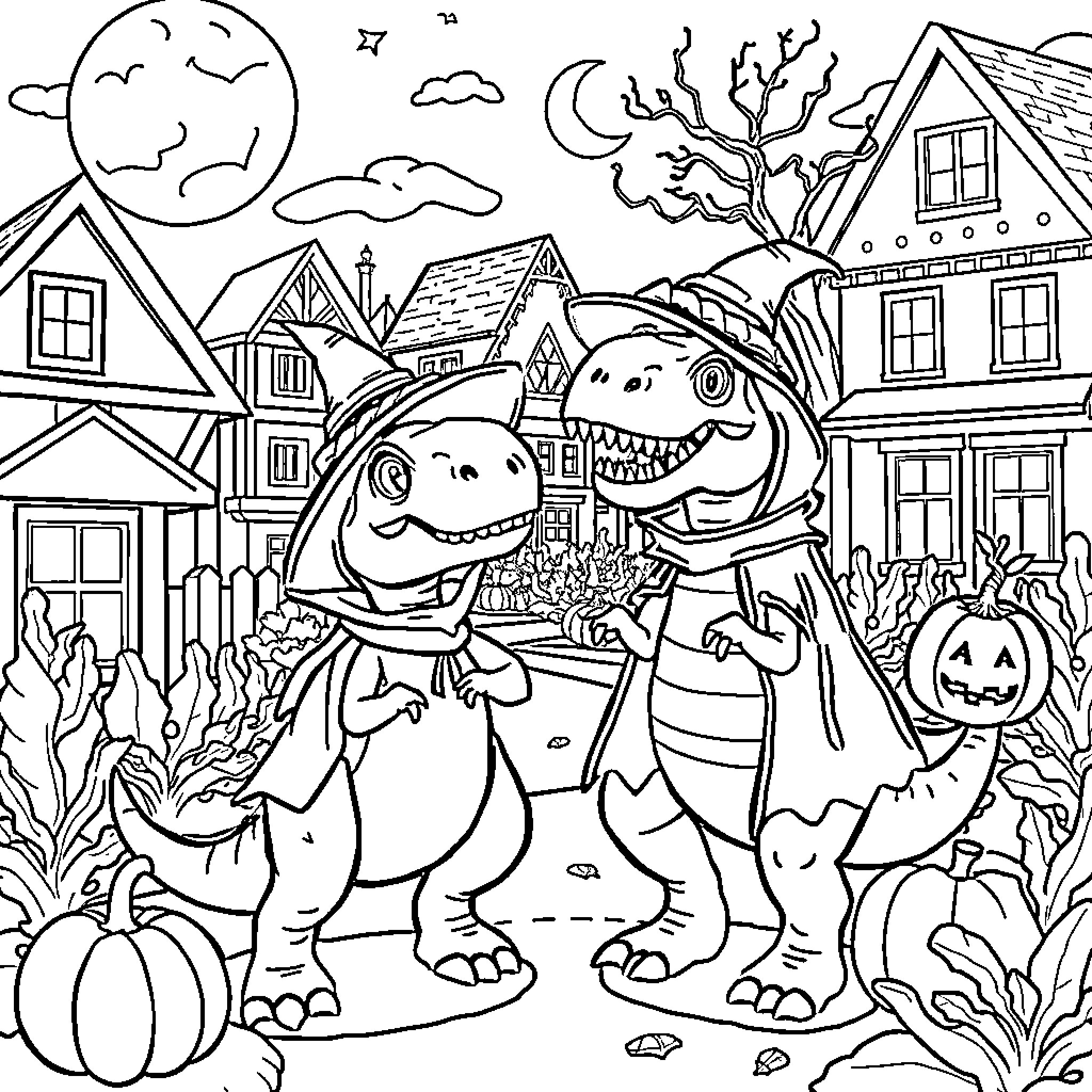 Dinosaur Trick-or-Treating in a Spooky Neighborhood Coloring Page (free black-and-white line drawing printable PDF for all, from beginners to advanced learners, including children, teens, adults, and seniors)