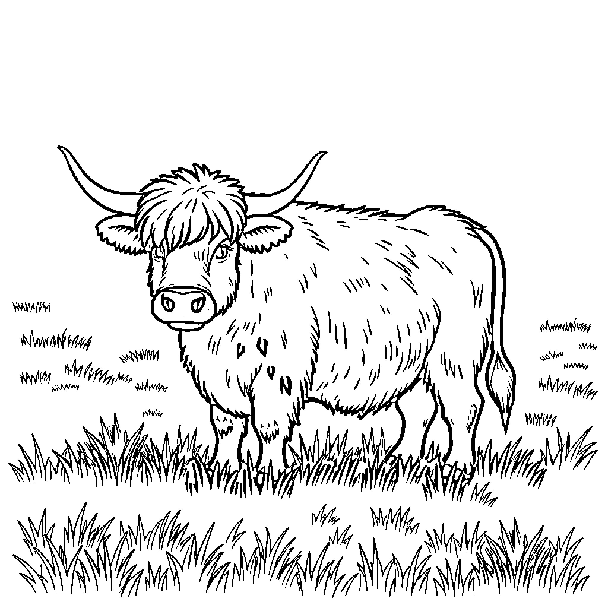 Highland Cow grazing peacefully in the meadow Coloring Page (free black-and-white line drawing printable PDF for all, from beginners to advanced learners, including children, teens, adults, and seniors)