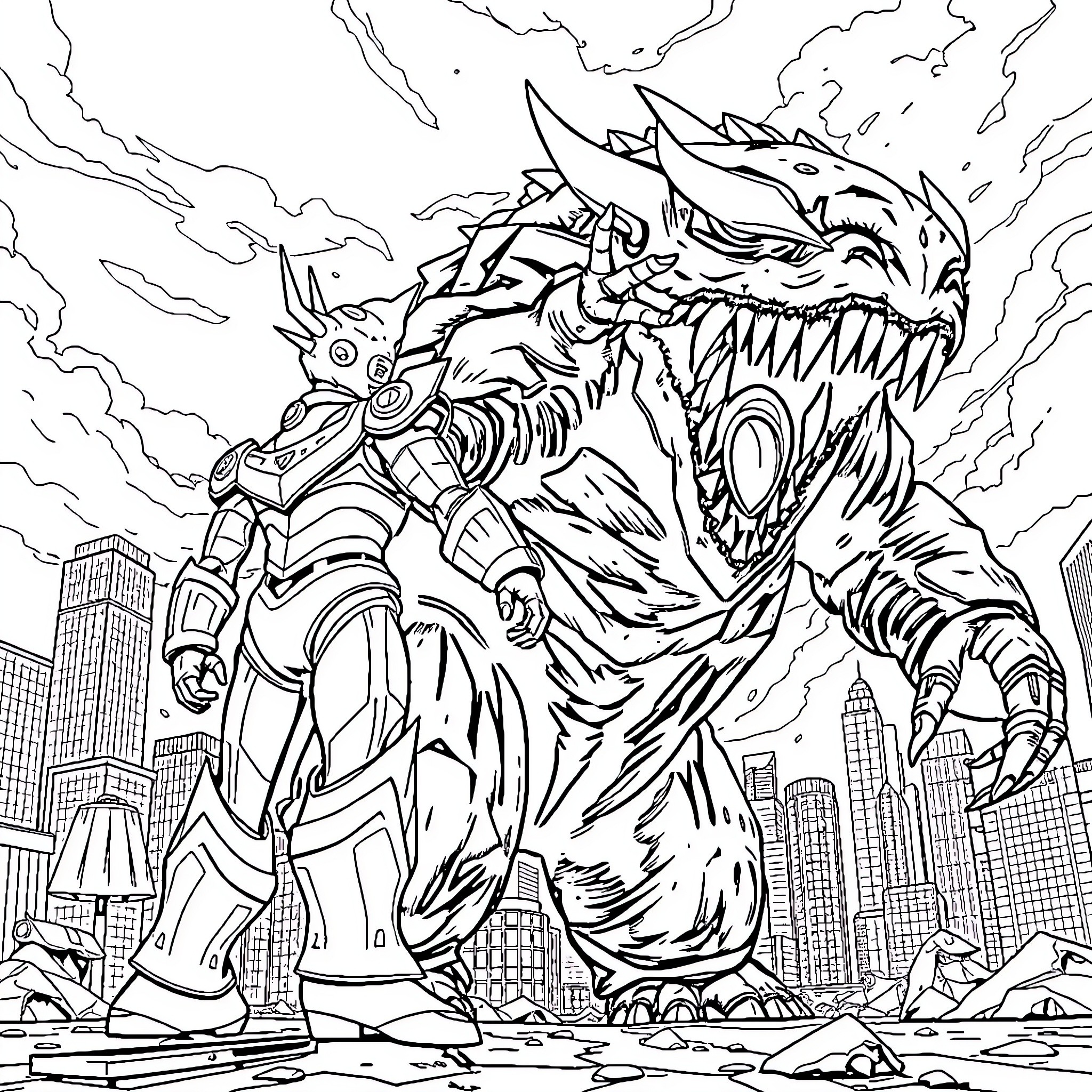 Ultraman Battling Colossal Kaiju in City Coloring Page (free black-and-white line drawing printable PDF for all, from beginners to advanced learners, including children, teens, adults, and seniors)