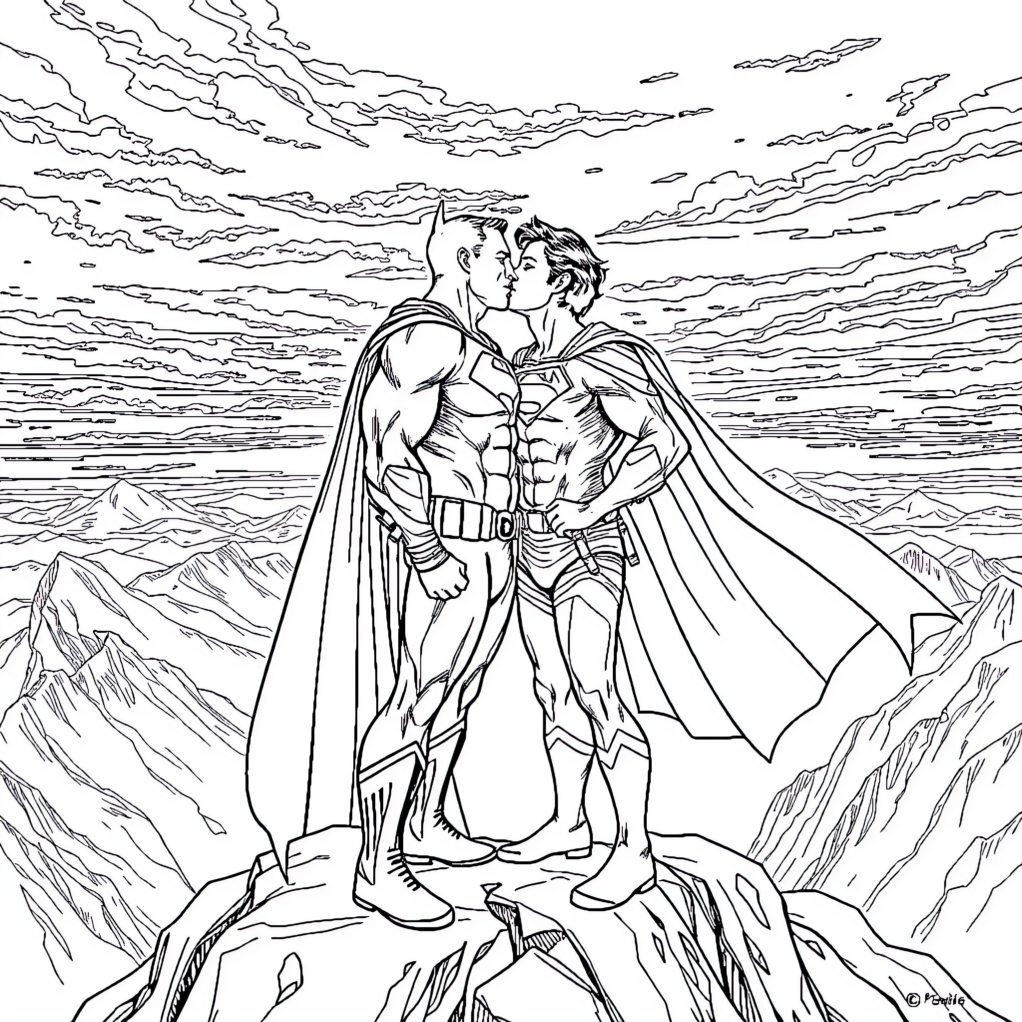 Batman and Robin in heroic embrace on mountain peak Coloring Page (free black-and-white line drawing printable PDF for all, from beginners to advanced learners, including children, teens, adults, and seniors)