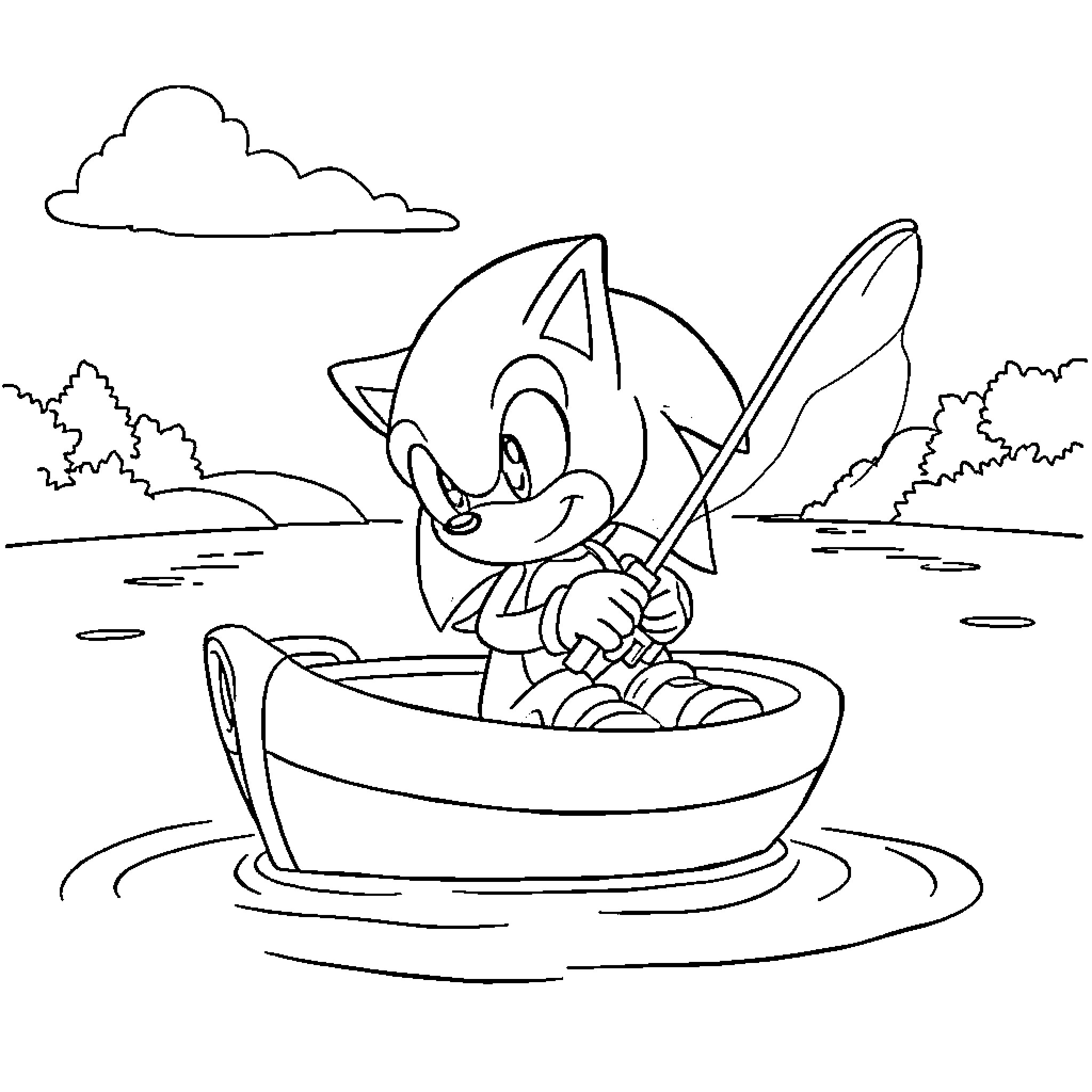 Sonic fishing in a boat on a lake Coloring Page (free black-and-white line drawing printable PDF for all, from beginners to advanced learners, including children, teens, adults, and seniors)