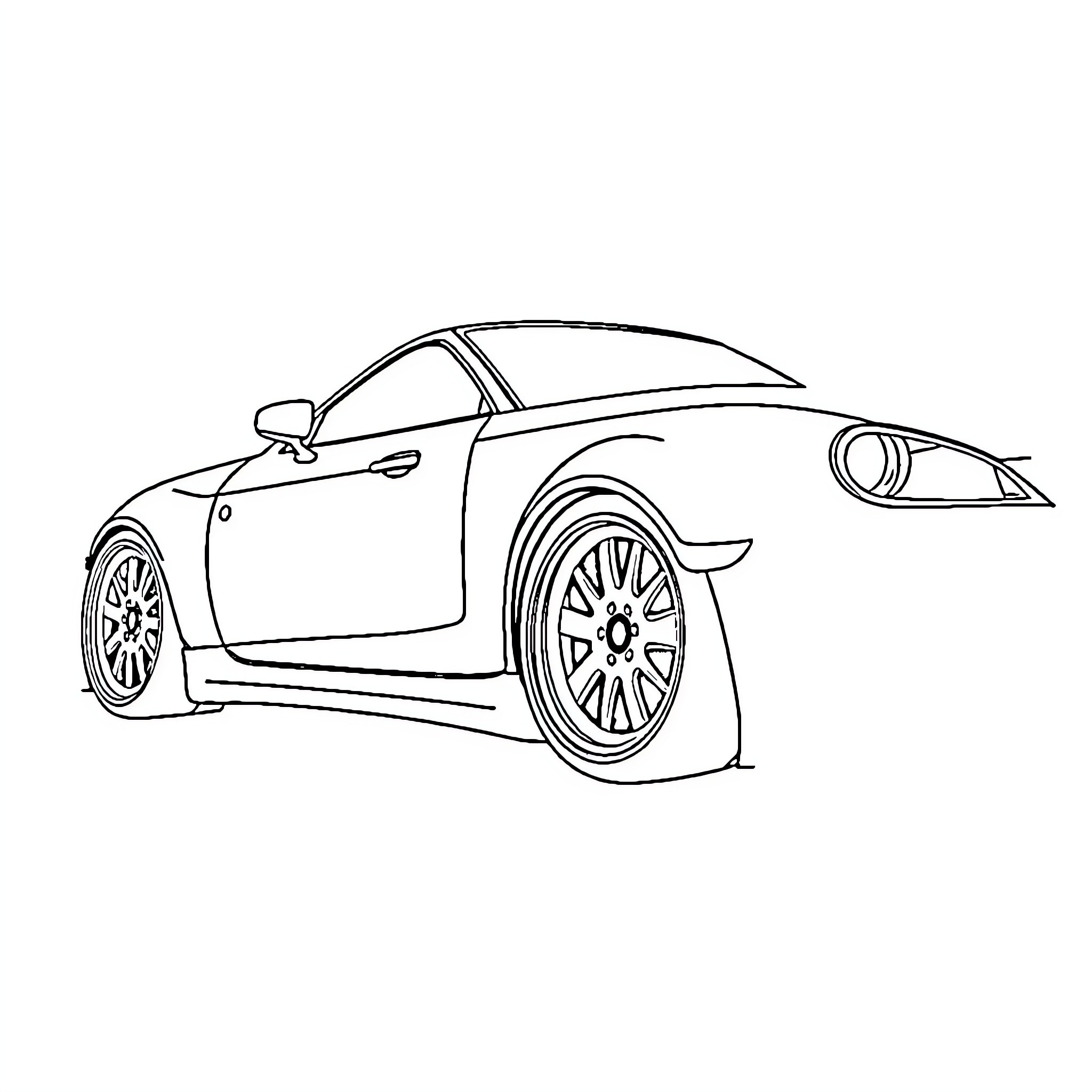 Car with stylish wheels and sleek design Coloring Page (free black-and-white line drawing printable PDF for all, from beginners to advanced learners, including children, teens, adults, and seniors)